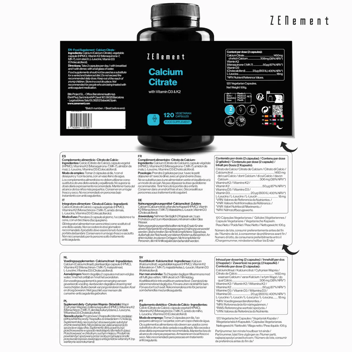 Citrate de Calcium avec Vitamine D3 et K2 - Pour des Dents, des Os et des Muscles Normaux - Formule Améliorée avec D3 et K2 - Haute Absorption - 120 Gélules Végétariennes