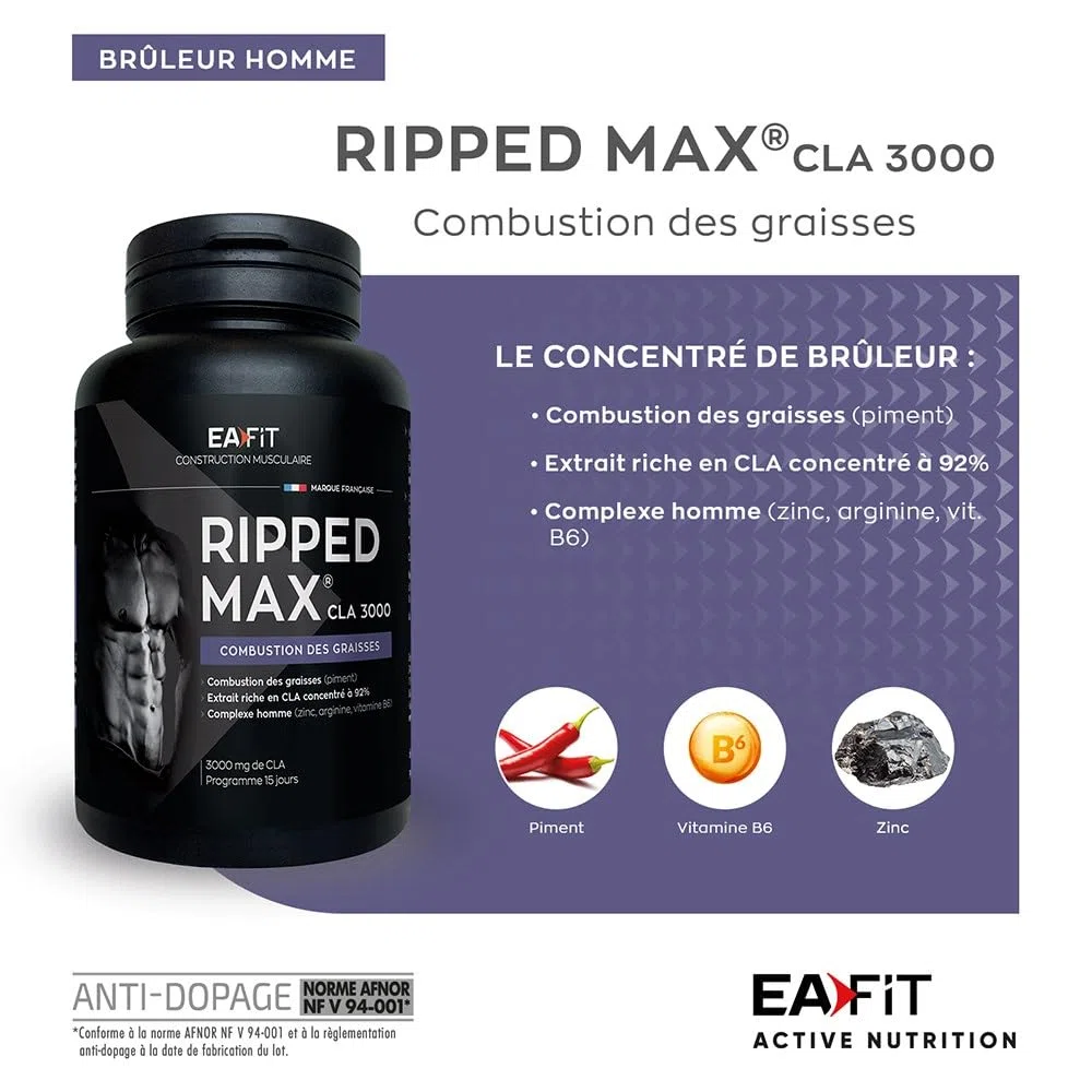 EAFIT - Ripped Max CLA 3000 - Bruleur de graisse puissant 3g CLA + Piment + Zinc +Vitamines B6 - Facilite la combustion des graisses lors des séances de sport - Pensé pour musculation - 60 Capsules