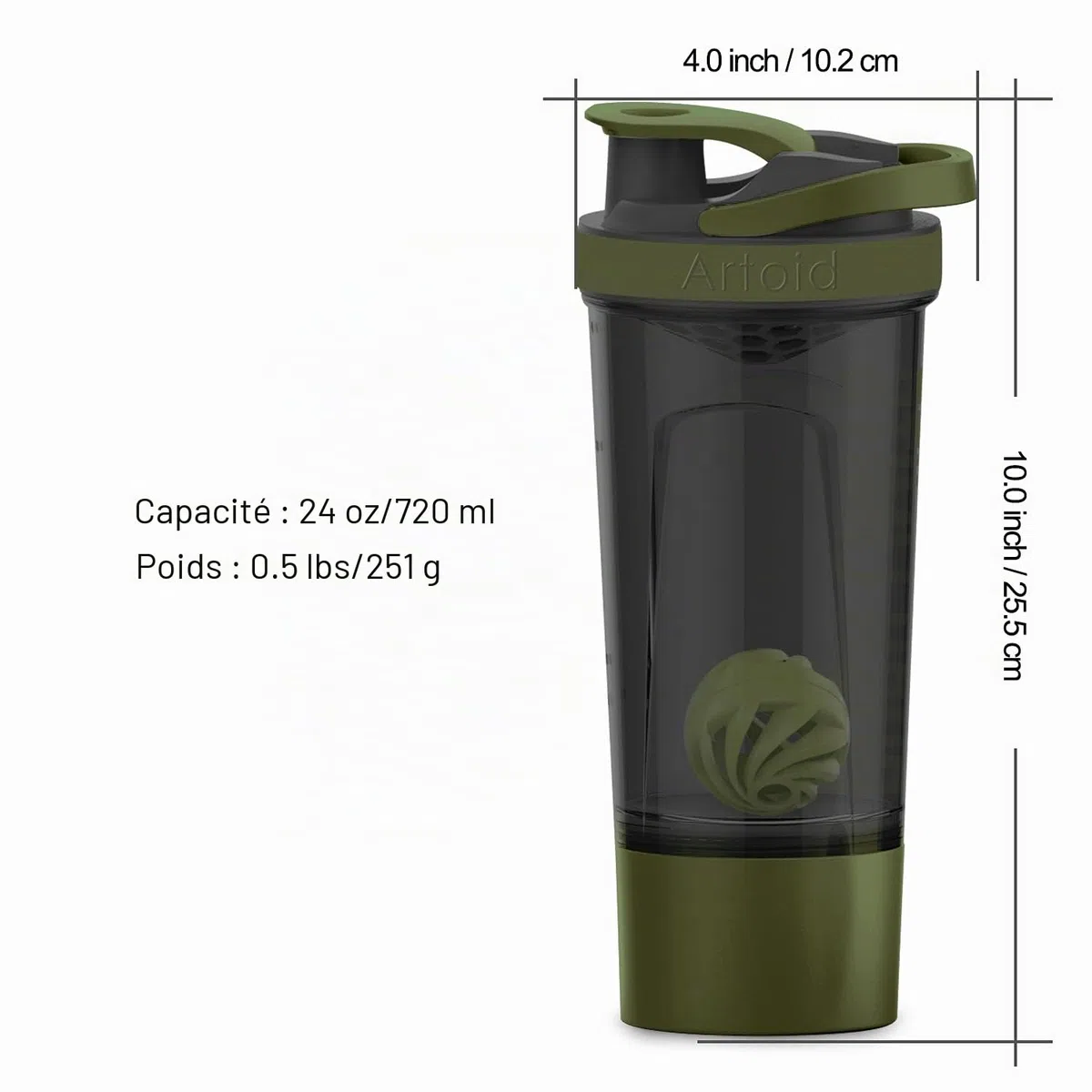 Artoid Mode Shaker Protéines Avec compartiment à poudre Boissons sportives Lavage à la main Noir/Vert 720ml, tamis Boule en Spirale Organisateur 200ml Compléments alimentaires Sans BPA