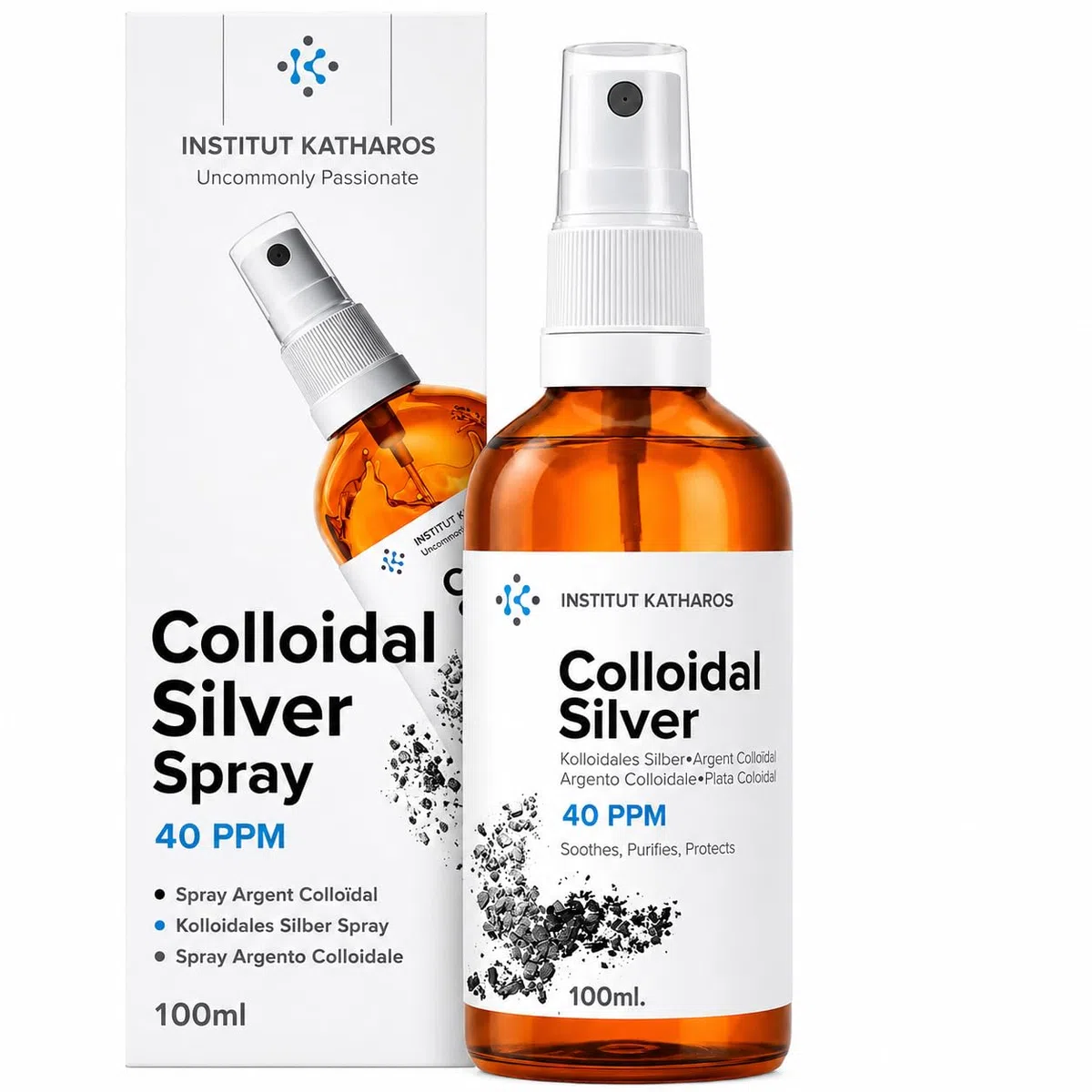Spray Argent Colloïdal 100mL ● 100% Naturel 40 PPM ● Concentration Supérieure, Particules plus Petites : Meilleurs Résultats ● Fabriqué en France ● Certifié par 3 laboratoires ● Institut Katharos®