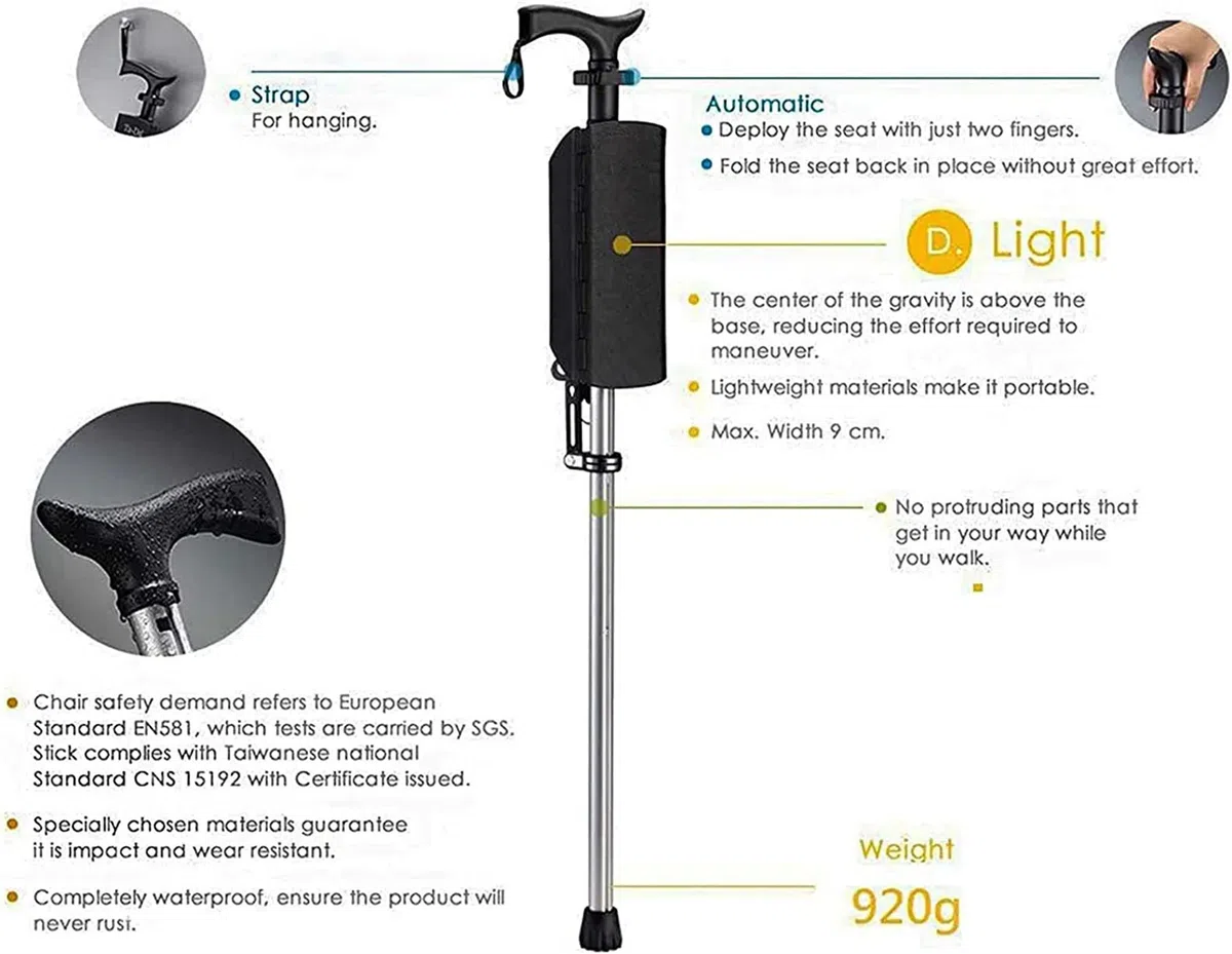 Canne pliante avec siège – Canne légère et portable réglable en hauteur – Chaise robuste en aluminium pour personnes âgées – Pratique et polyvalente
