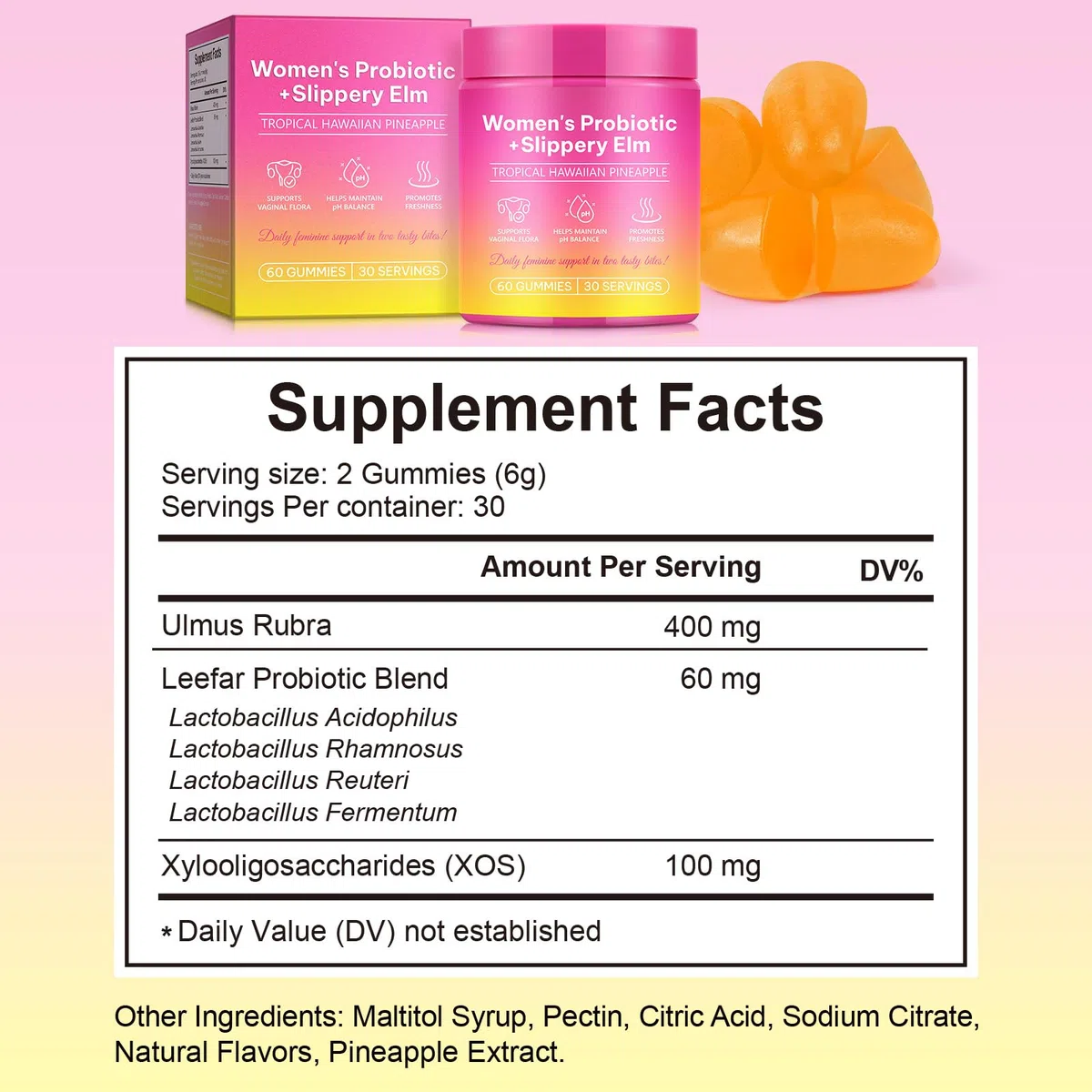 Probiotiques Gummies pour Femmes, Soutien de la Santé Intime et Digestive Grâce aux Prébiotiques, équilibre du pH, Système Immunitaire et Intestinal | Végan, Sans Gluten, Arôme Ananas, 60 Gummies