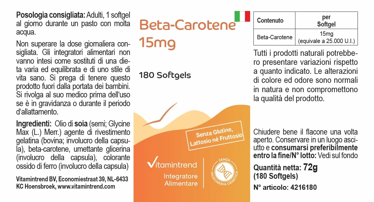 Vitamintrend Bêta-carotène 15 mg, 180 capsules molles de 15 mg chacune (équivaut à 25 000 UI), hautement dosé, sans stéarate de magnésium, fabriqué en Allemagne