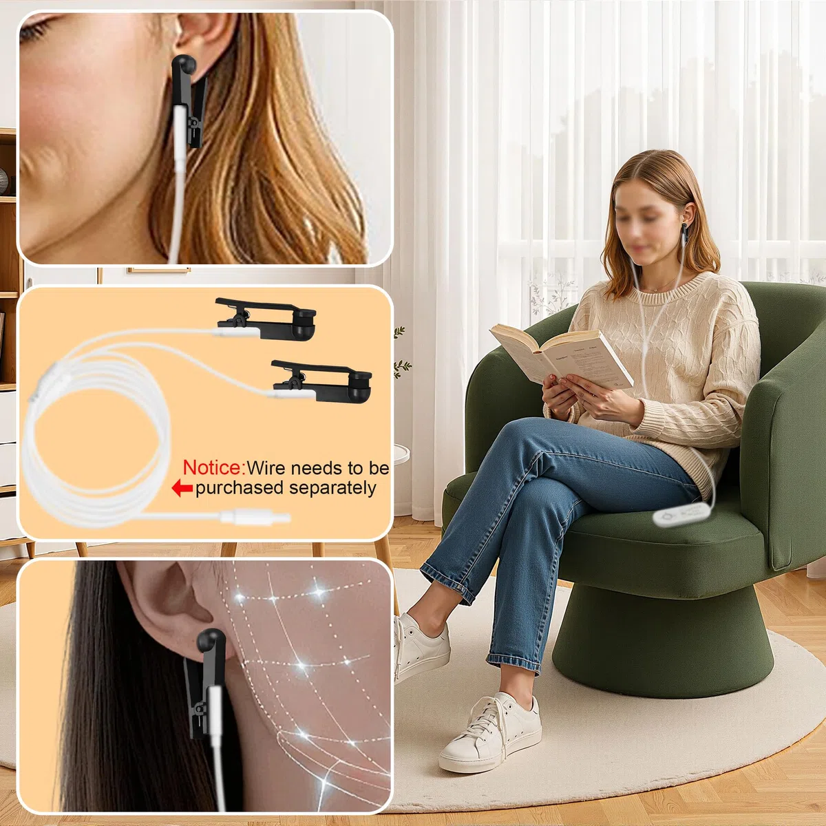 Lot de 4 électrodes à clip pour oreille en silicone avec connecteur universel à broche de 2,0 mm pour améliorer le sommeil, la récupération musculaire et la relaxation (Noir simple face)