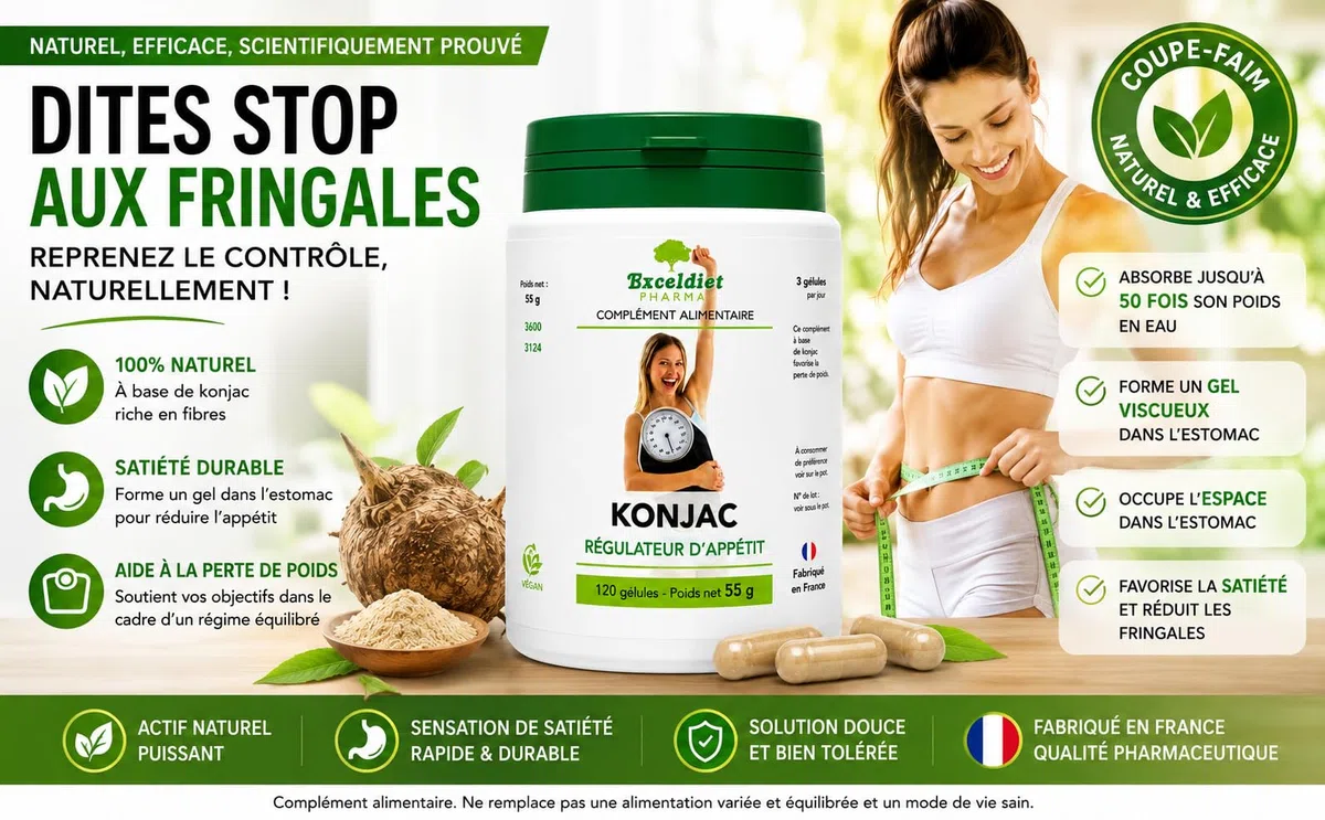 KONJAC Pur 3600 mg/j | Coupe Faim Puissant et Efficace | 95% Glucomannane | Minceur, Détox, Digestion, Transit | 120 gélules - Fabriqué en France