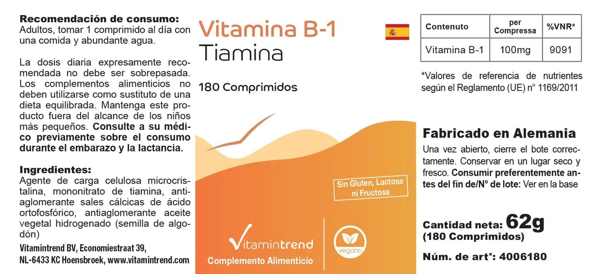 Vitamintrend Vitamine B1 hautement dosée 100 mg, 180 comprimés, thiamine, complément alimentaire vegan sans additifs, fabriqué en Allemagne