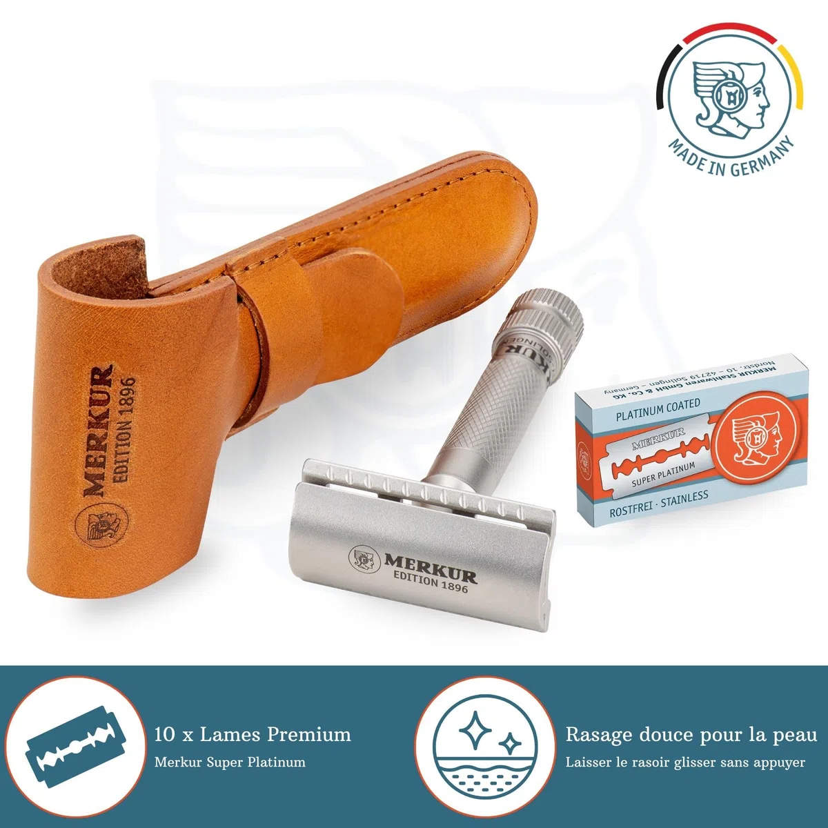 MERKUR Lot de rasoirs de sécurité en acier inoxydable 34 INOX | Comprend un rasoir de sécurité haut de gamme, un étui en cuir et 10 lames platine | Satiné mat | Peigne fermé | Idéal pour le rasage