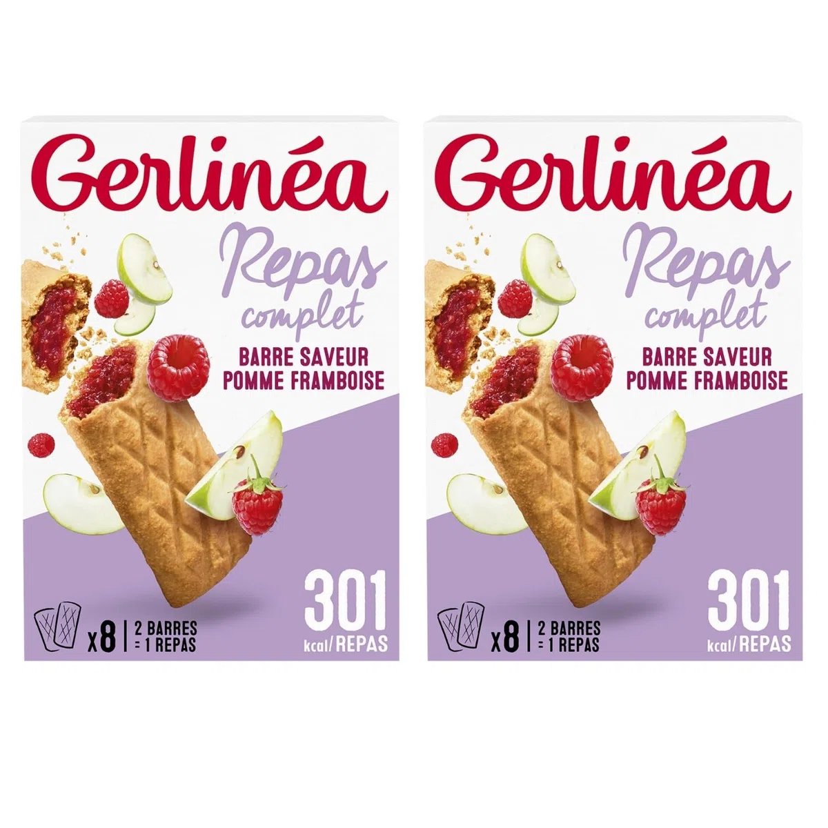 GERLINÉA – Barres Repas Complet Pomme Framboise – Substitut de Repas Minceur Protéiné – Moins de 240 Kcal – Fabriqué en France – Lot de 2 Boîtes (8 Repas)