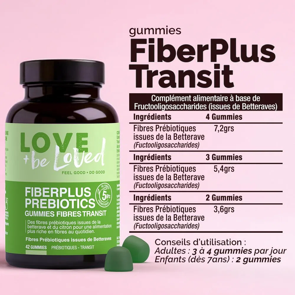 FiberPlus Transit – Gummies Fibres Prébiotiques (jusqu’à 5 g/j) – FOS Betterave – Digestion & Microbiote – 42 Gummies – Poire & Vanille Bio – Vegan
