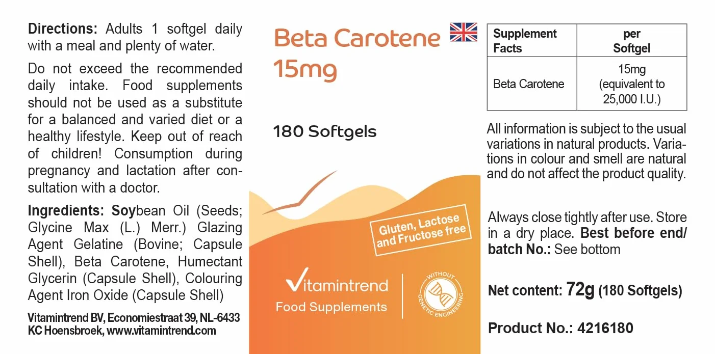 Vitamintrend Bêta-carotène 15 mg, 180 capsules molles de 15 mg chacune (équivaut à 25 000 UI), hautement dosé, sans stéarate de magnésium, fabriqué en Allemagne