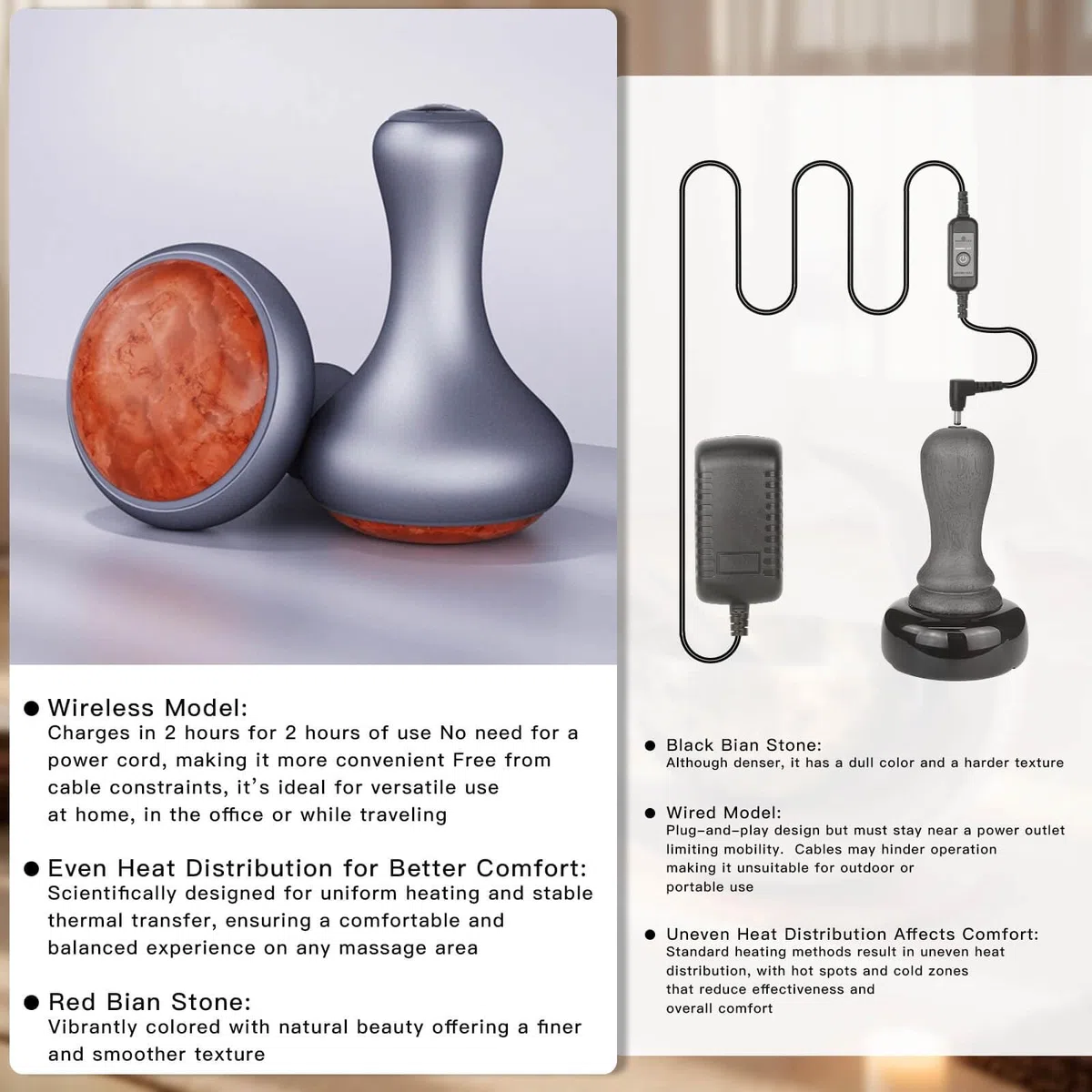 Pierres chaudes pour massage, massage musculaire avec chauffage, pierre bian naturelle sans fil Gua Sha pour la maison et le spa