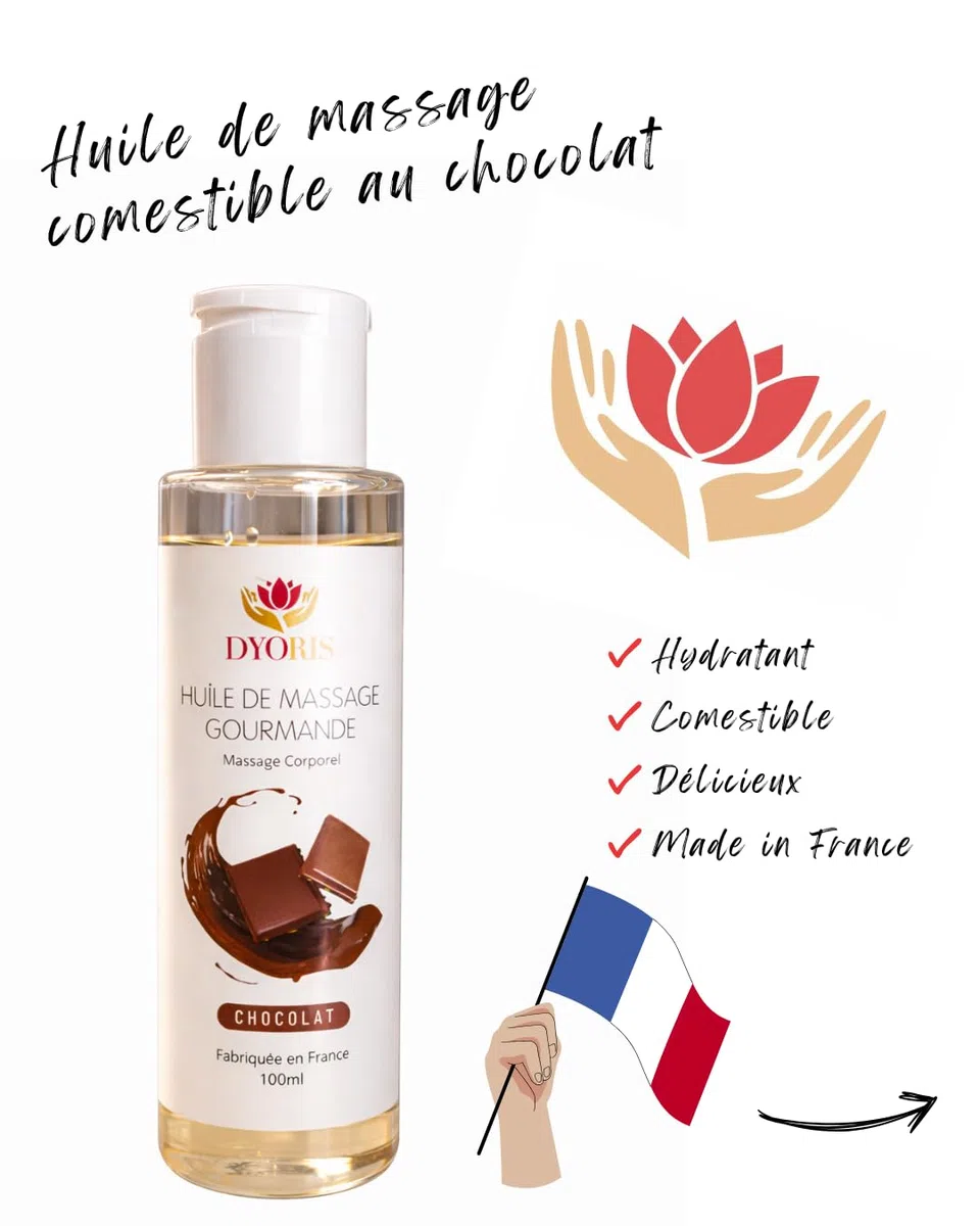 Huile de Massage Couple Sexuel Chocolat 100ml – Huile Corporelle Comestible Erotique et Sensuelle – Texture Hydratante, Fluide, Relaxante, Fabriquée en France
