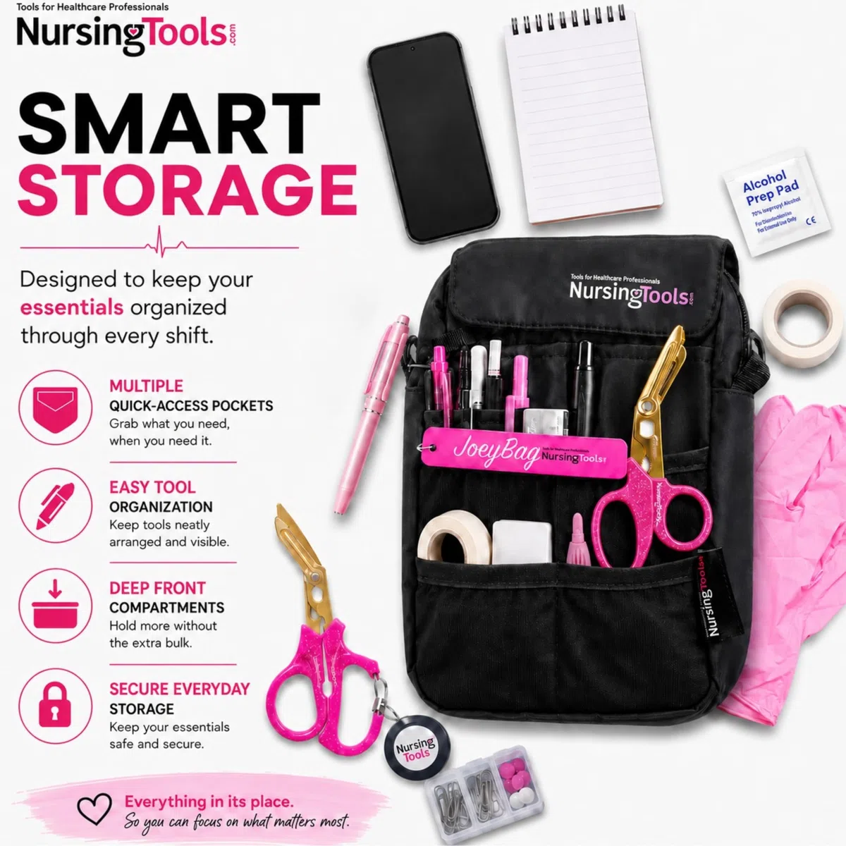 Joey Sac banane pour infirmière avec compartiments multiples pour étudiants, praticiens et professionnels de la santé (Noir)