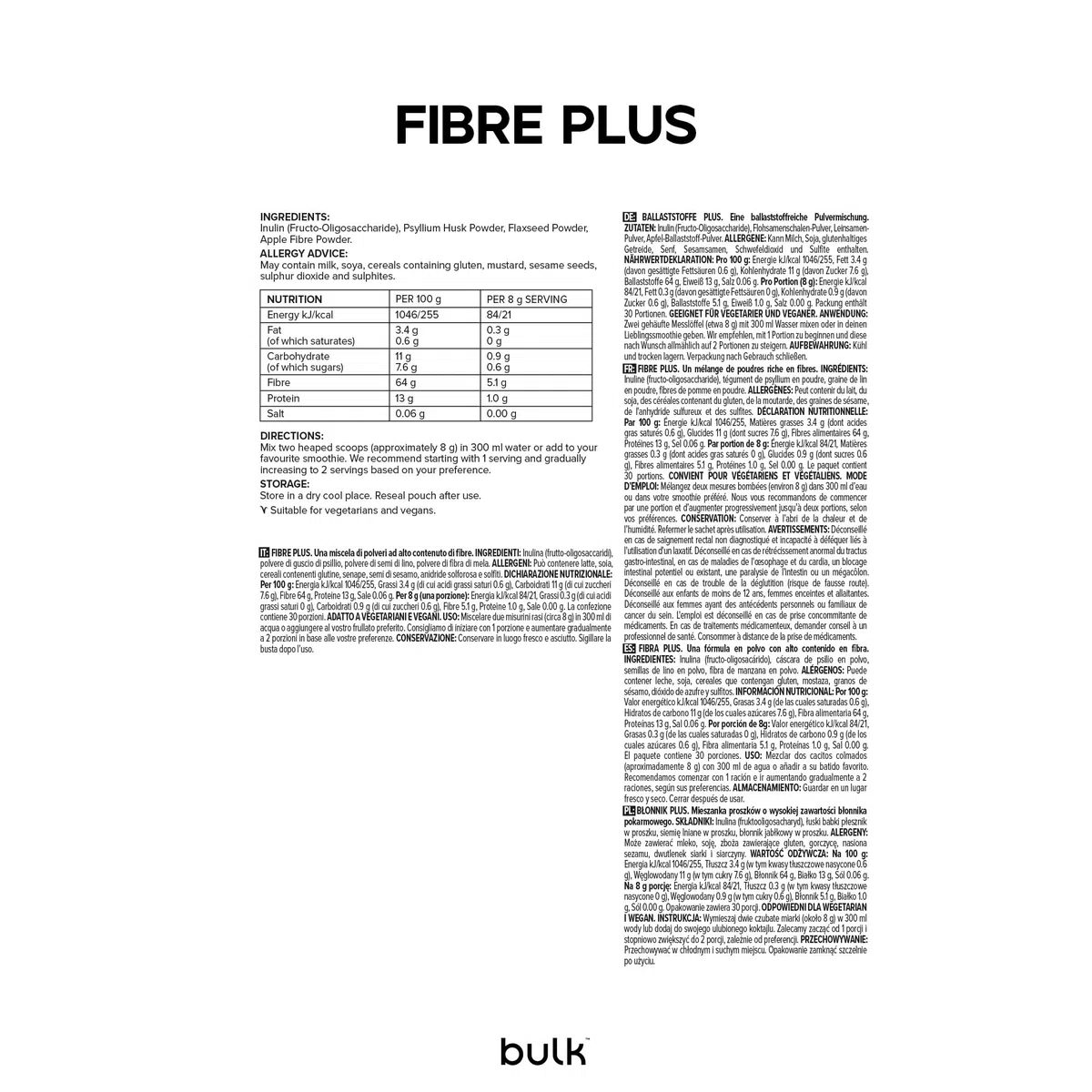 Bulk Fibre Plus, Naturel, 480 g, 60 portions, Soutient la santé digestive & intestinale, Fibres solubles & insolubles, Aide à la santé intestinale, Végan