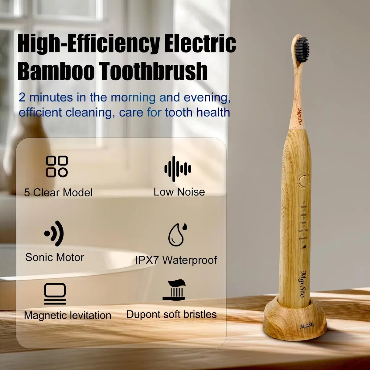 Brosse à dents électrique sonique en bambou – 4 têtes de brosse en bambou remplaçables, respectueux de l'environnement, étanche IPX7, brosse à dents électrique, interrupteur à un bouton, 5