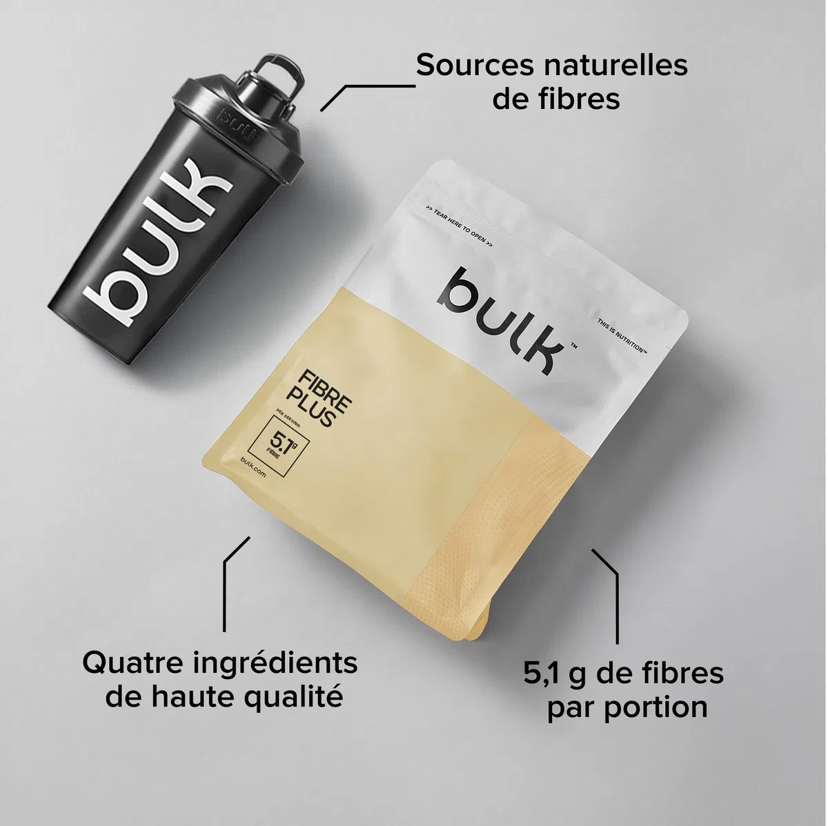Bulk Fibre Plus, Naturel, 480 g, 60 portions, Soutient la santé digestive & intestinale, Fibres solubles & insolubles, Aide à la santé intestinale, Végan