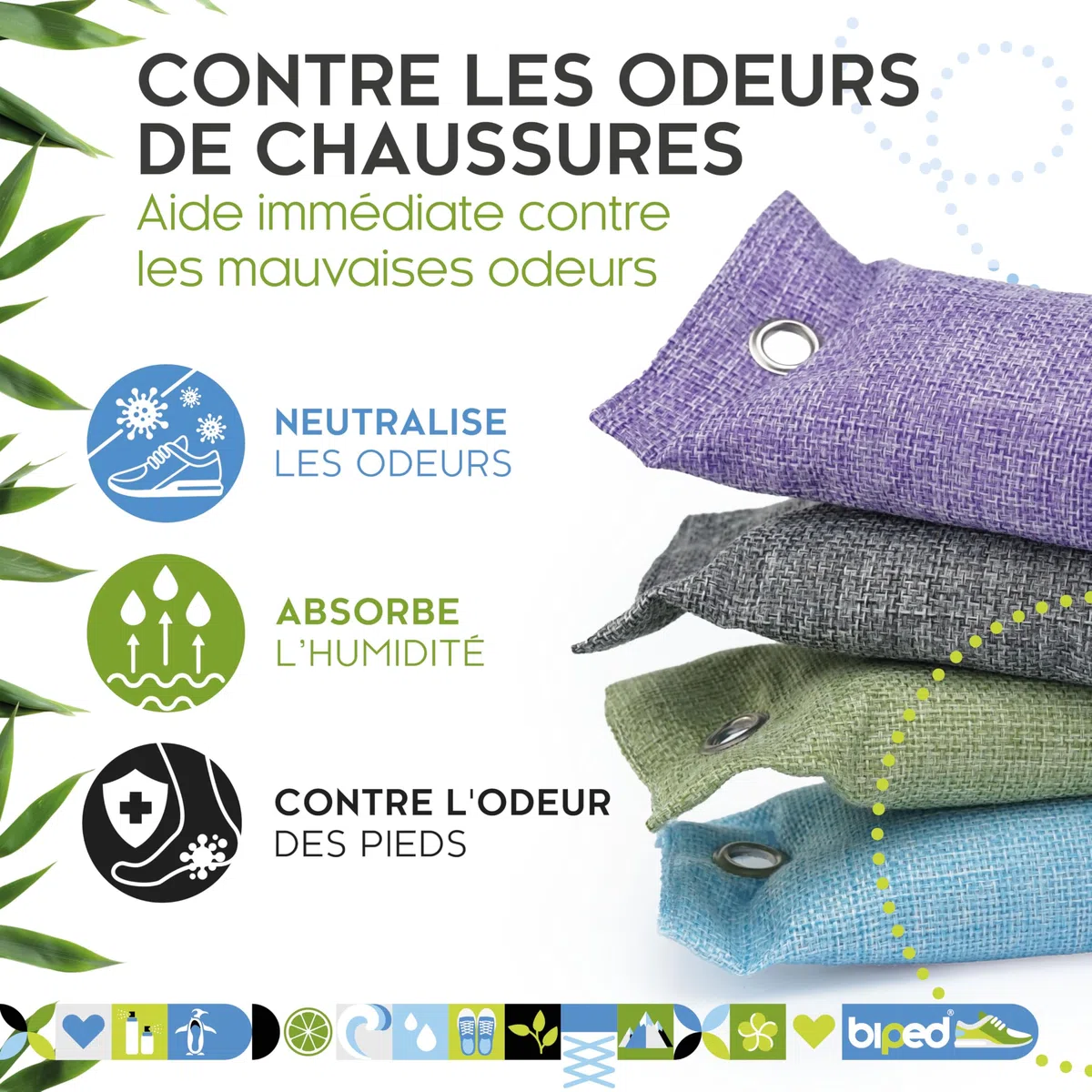 biped FRESH ! Cale-pieds avec charbon actif de bambou contre les odeurs de pieds - Sécheur de chaussures naturel - Désodorisant pour chaussures à l'odeur désagréable z2811(4 pièces, vert)