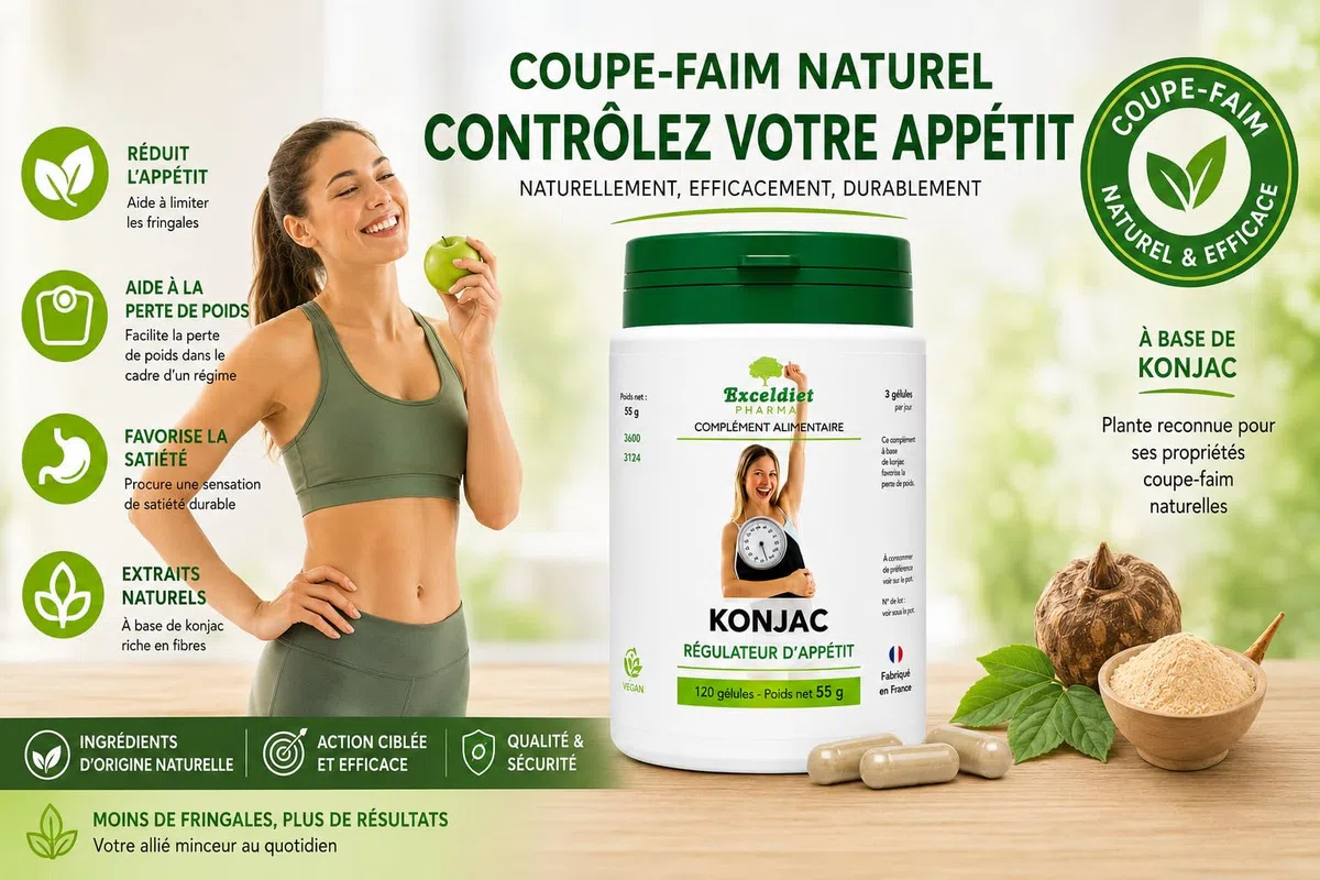 KONJAC Pur 3600 mg/j | Coupe Faim Puissant et Efficace | 95% Glucomannane | Minceur, Détox, Digestion, Transit | 120 gélules - Fabriqué en France