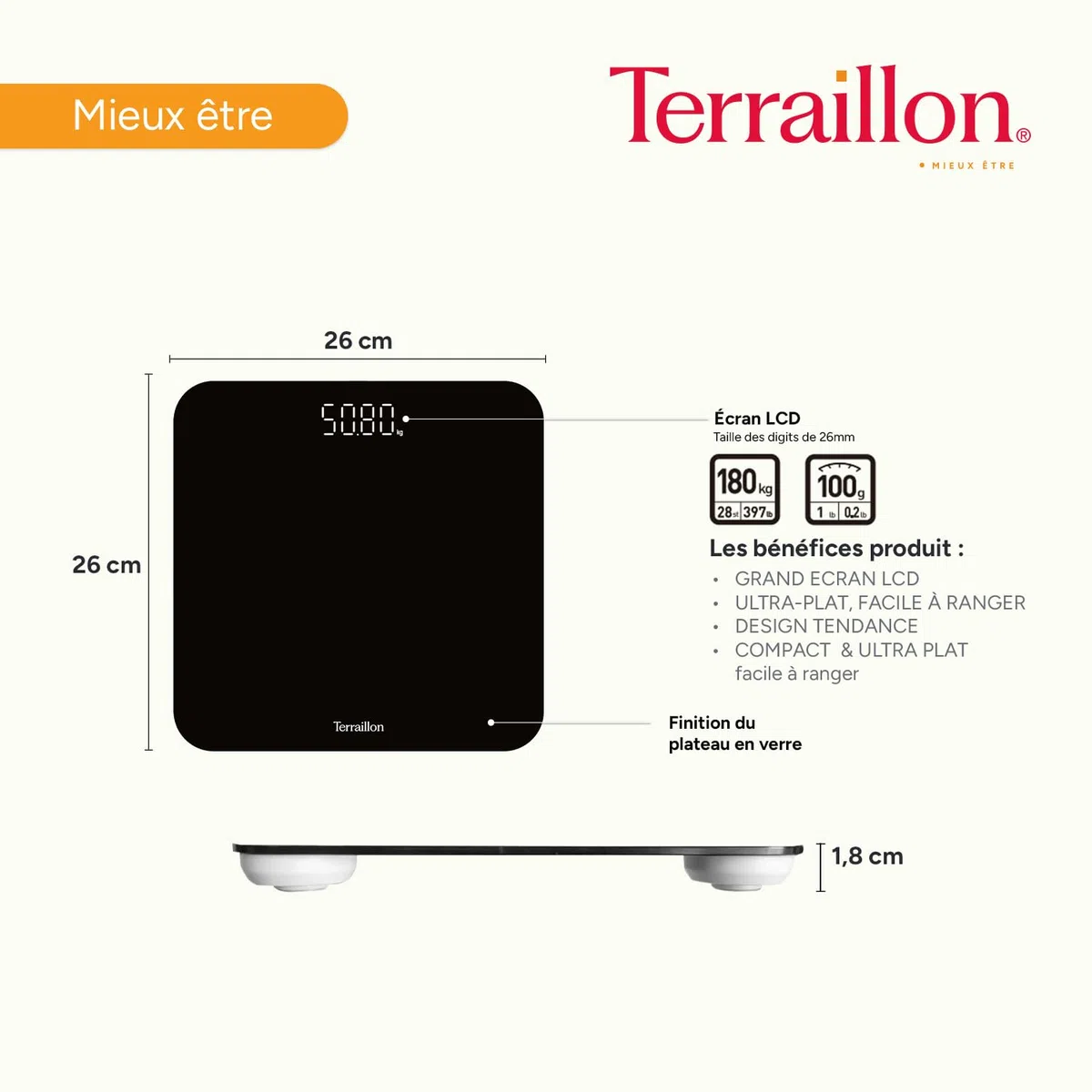TERRAILLON - Balance Pese personne, Pese personnes électronique Ultra plat 26cm x 26cm, Confort de lecture avec un son grand écran Magic LED, Pesée Jusqu'à 180Kg avec une Précision à 100g, TSQUARE