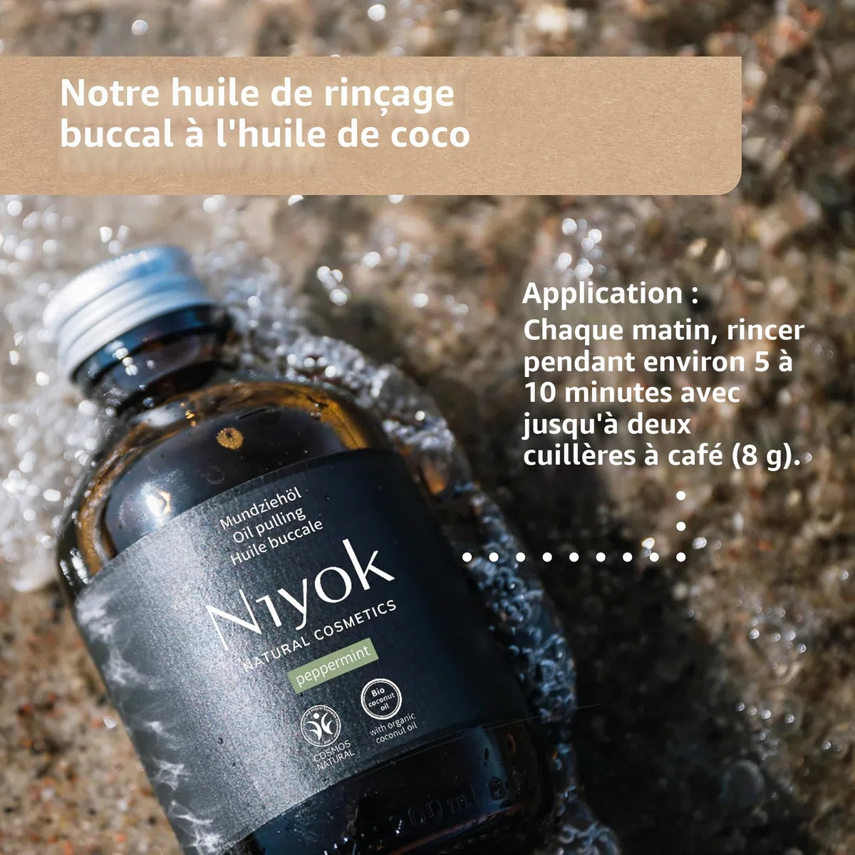 Niyok® Huile de noix de coco bio « menthe poivrée » (200 ml) • Rinçage de bouche aux huiles essentielles • Cure de tirage à l'huile de coco bio contre les caries, le tartre et la mauvaise haleine •
