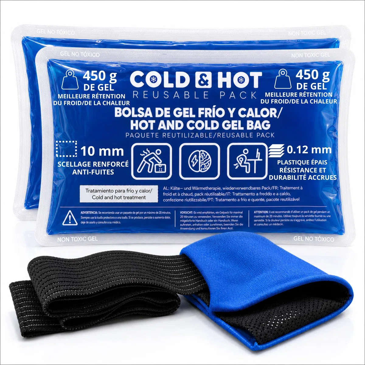 Lot de 2 poche de gel Chaud Froid réutilisables (26 x 15 cm) - Comprend 1 Housse en Tissu Multipositions bande de compression - Poche de Glace - Pour le Réfrigérateur et le Micro-ondes