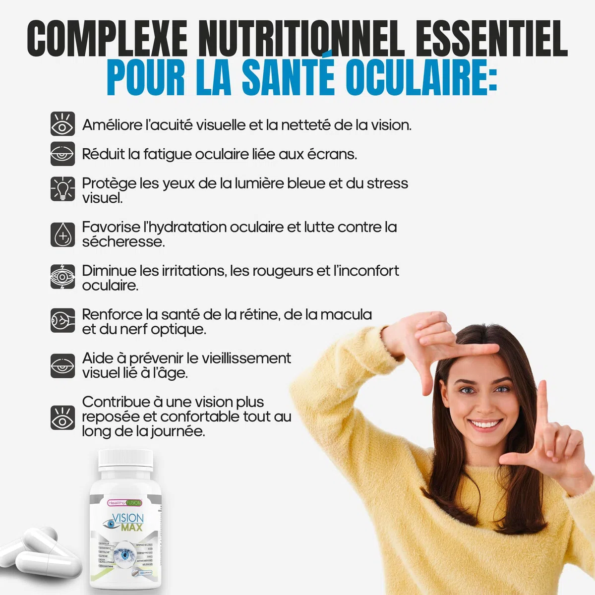 Healthy Fusion VisionMax | Vitamines pour les yeux | Lutéine, Myrtille Ginkgo Biloba | Hydratation oculaire avancée | Réduit la fatigue visuelle et améliore l’acuité | Protection oculaire | 60 gélules