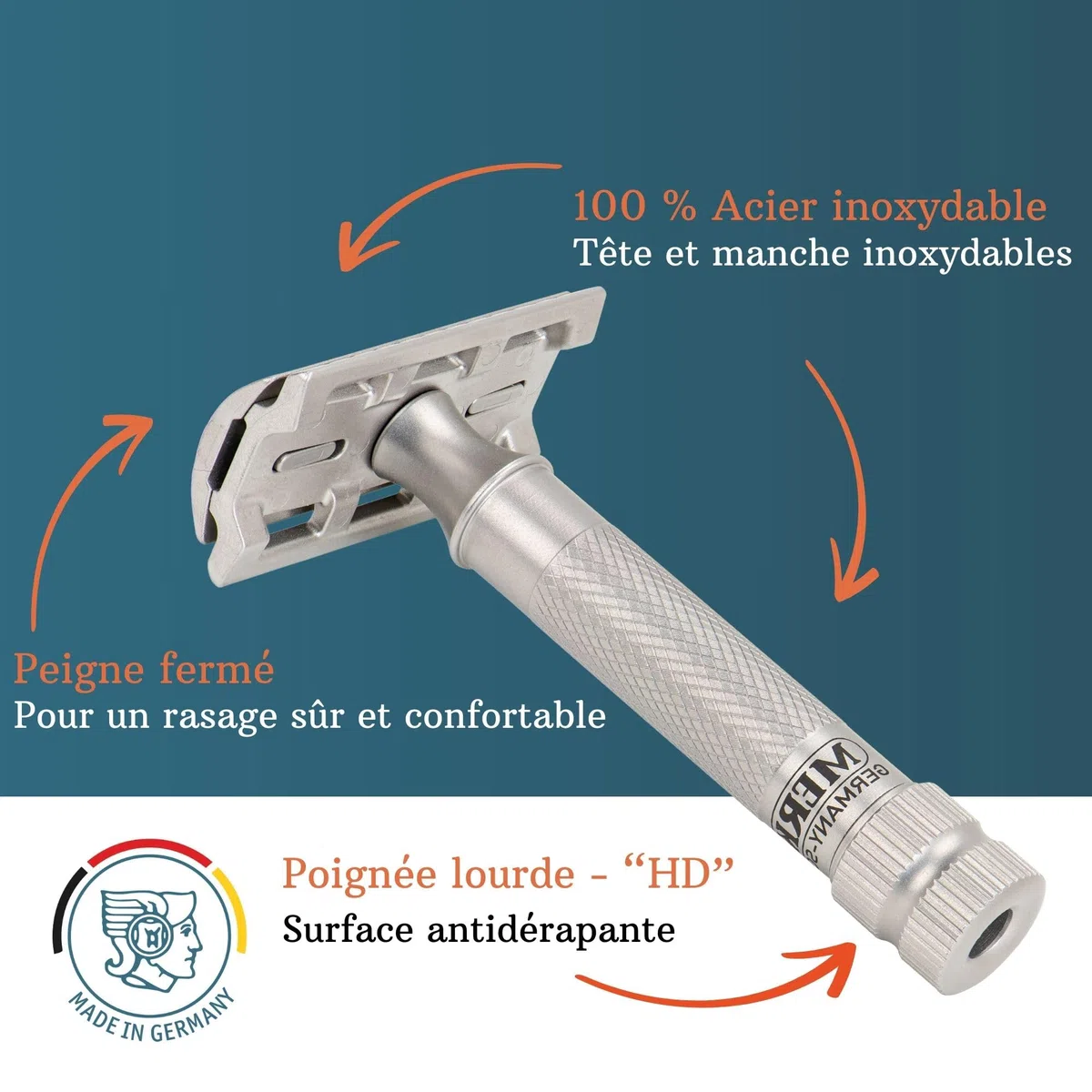 MERKUR Lot de rasoirs de sécurité en acier inoxydable 34 INOX | Comprend un rasoir de sécurité haut de gamme, un étui en cuir et 10 lames platine | Satiné mat | Peigne fermé | Idéal pour le rasage