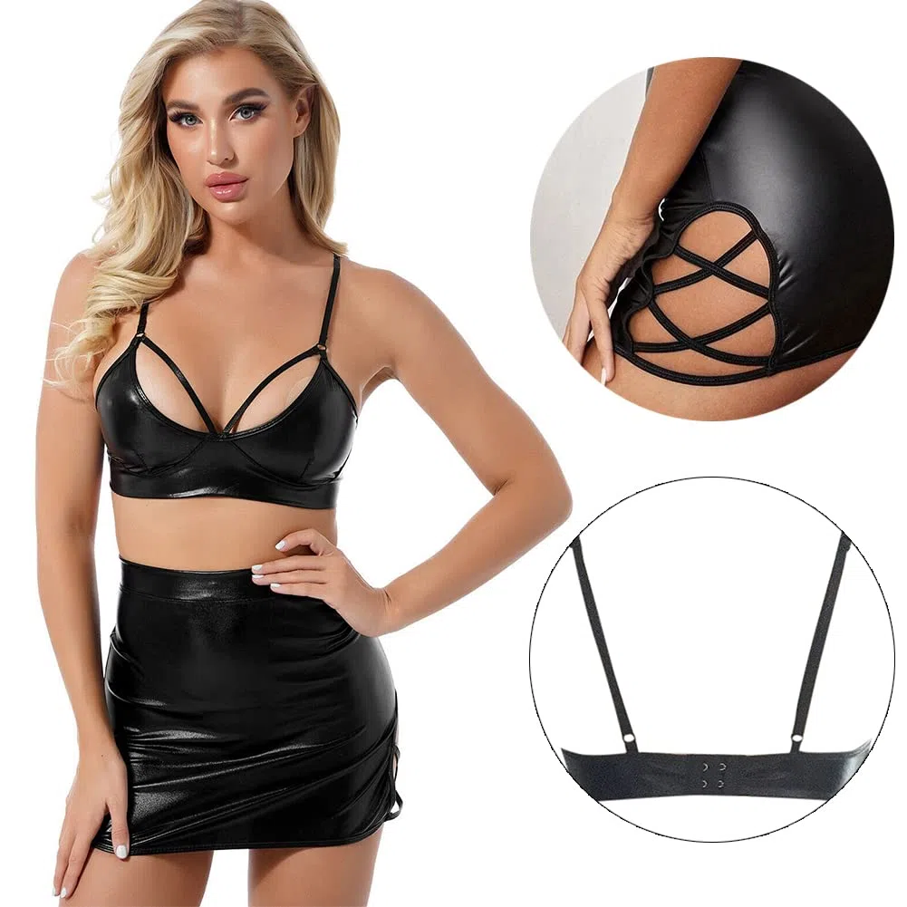VicSec Tenue sexy 2 pièces en cuir pour femme, bustier steampunk, corset steampunk, mini jupe à lanières, haut court en PVC, robe de soirée, vêtements de nuit, noir