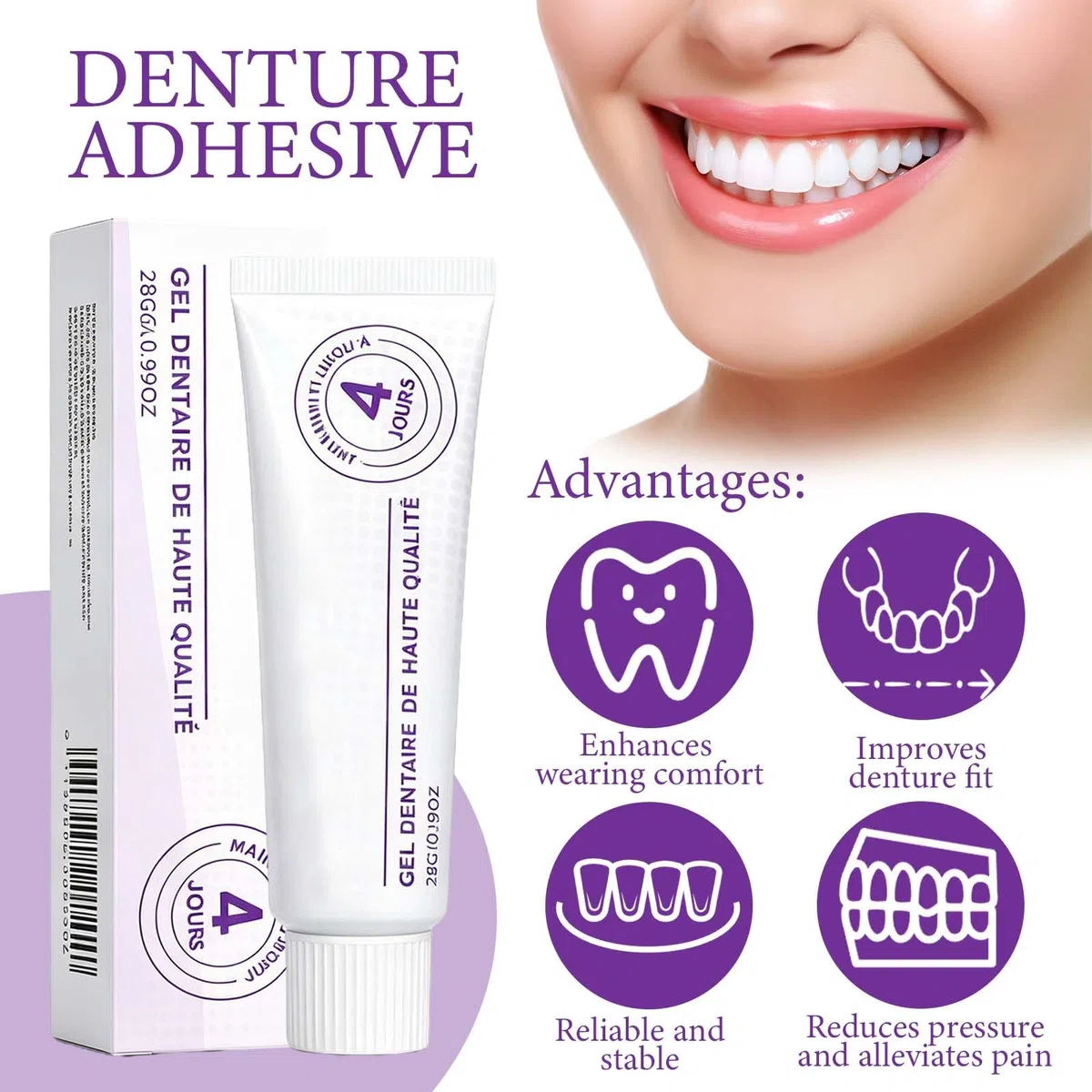 2 Pièces Colle Dentaire Extra Forte à Fixation Longue Durée, Douces Fiables, Crème Adhésive pour Prothèses Faciles à Utiliser et à Fixation Sûre, pour Prothèses Complètes et Partielles