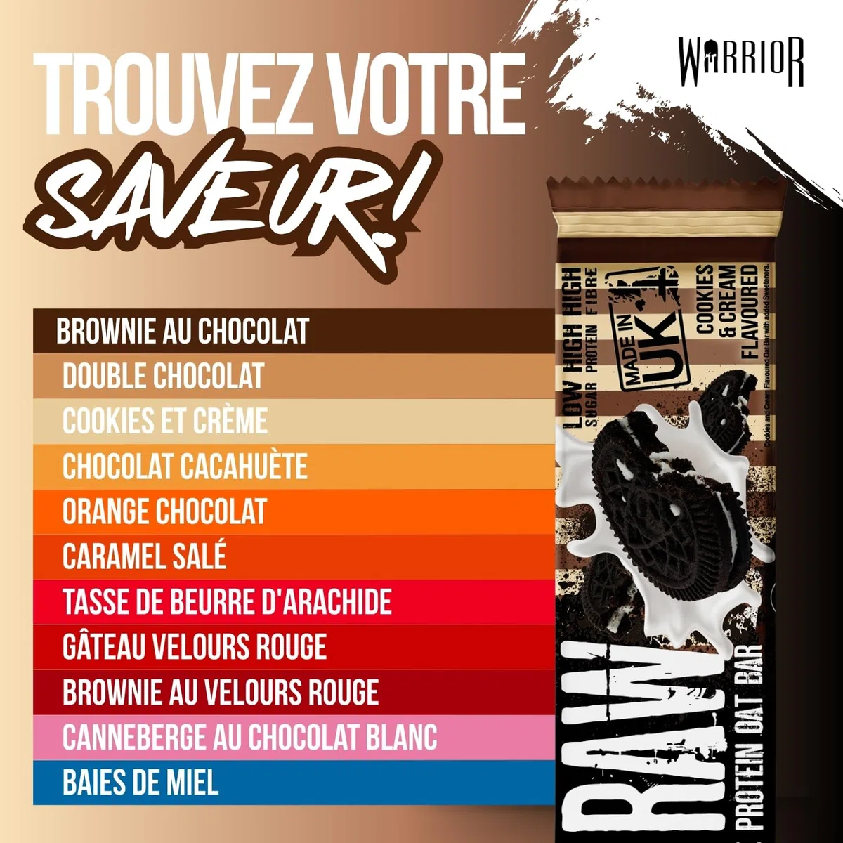 Warrior Raw Barre Protéinée 12 x 75 g – Barre Proteine Flocons d'Avoine, Barre Cereales Proteine Riche en Fibres, Barre Protéinée Naturelle avec Prébiotiques – Cookies & Crème