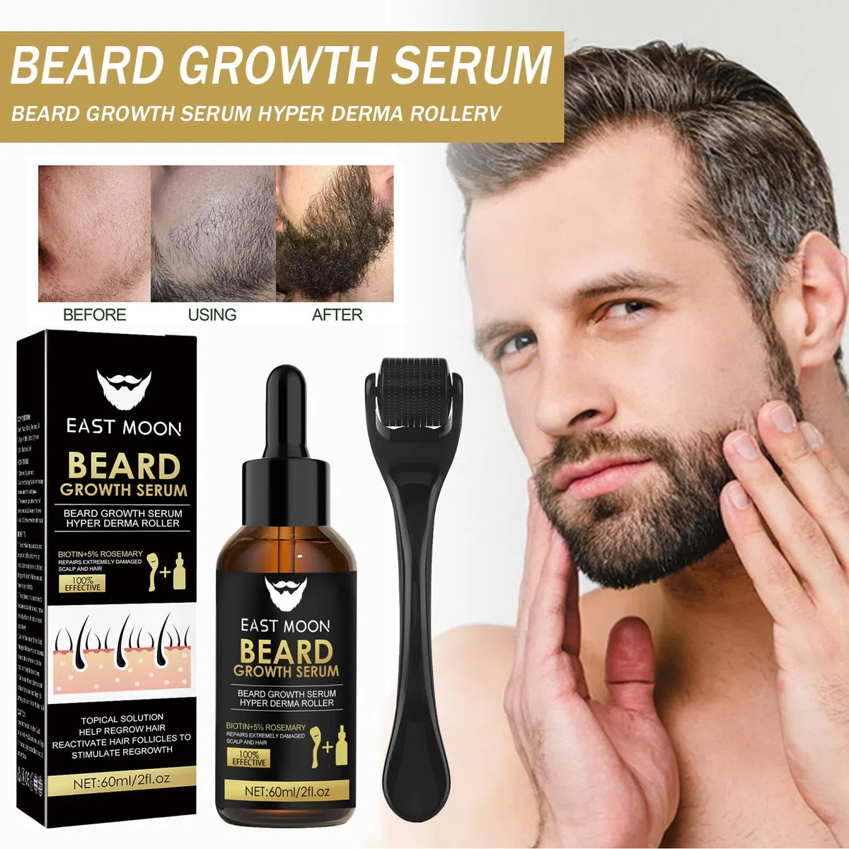 Kit Pousse Barbe,Kit de Croissance de la Barbe,Huile Pousse avec Rouleau,Cadeau Homme (60 ml)