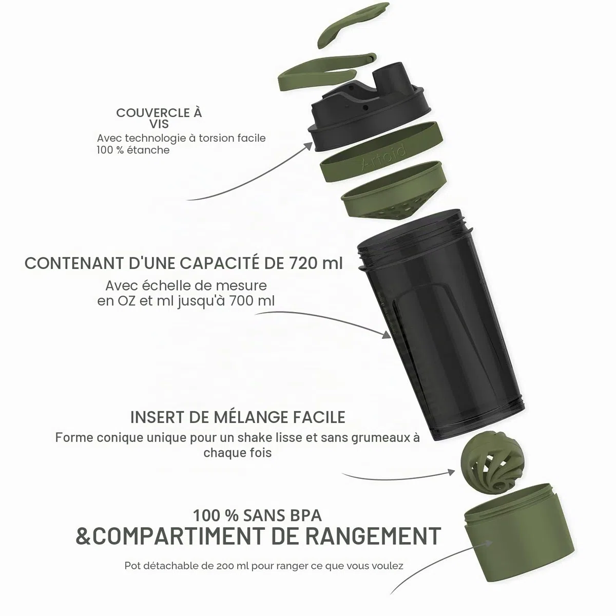 Artoid Mode Shaker Protéines Avec compartiment à poudre Boissons sportives Lavage à la main Noir/Vert 720ml, tamis Boule en Spirale Organisateur 200ml Compléments alimentaires Sans BPA