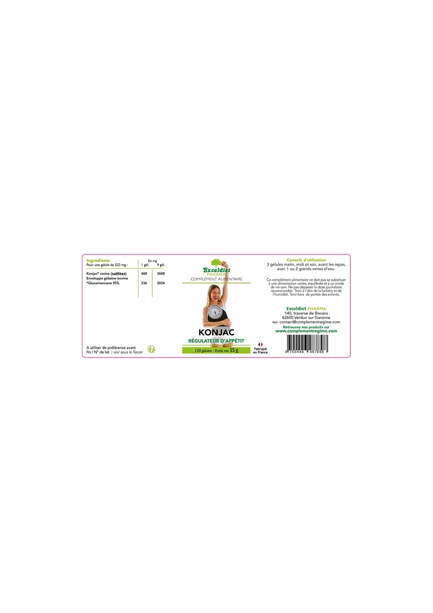 KONJAC Pur 3600 mg/j | Coupe Faim Puissant et Efficace | 95% Glucomannane | Minceur, Détox, Digestion, Transit | 120 gélules - Fabriqué en France