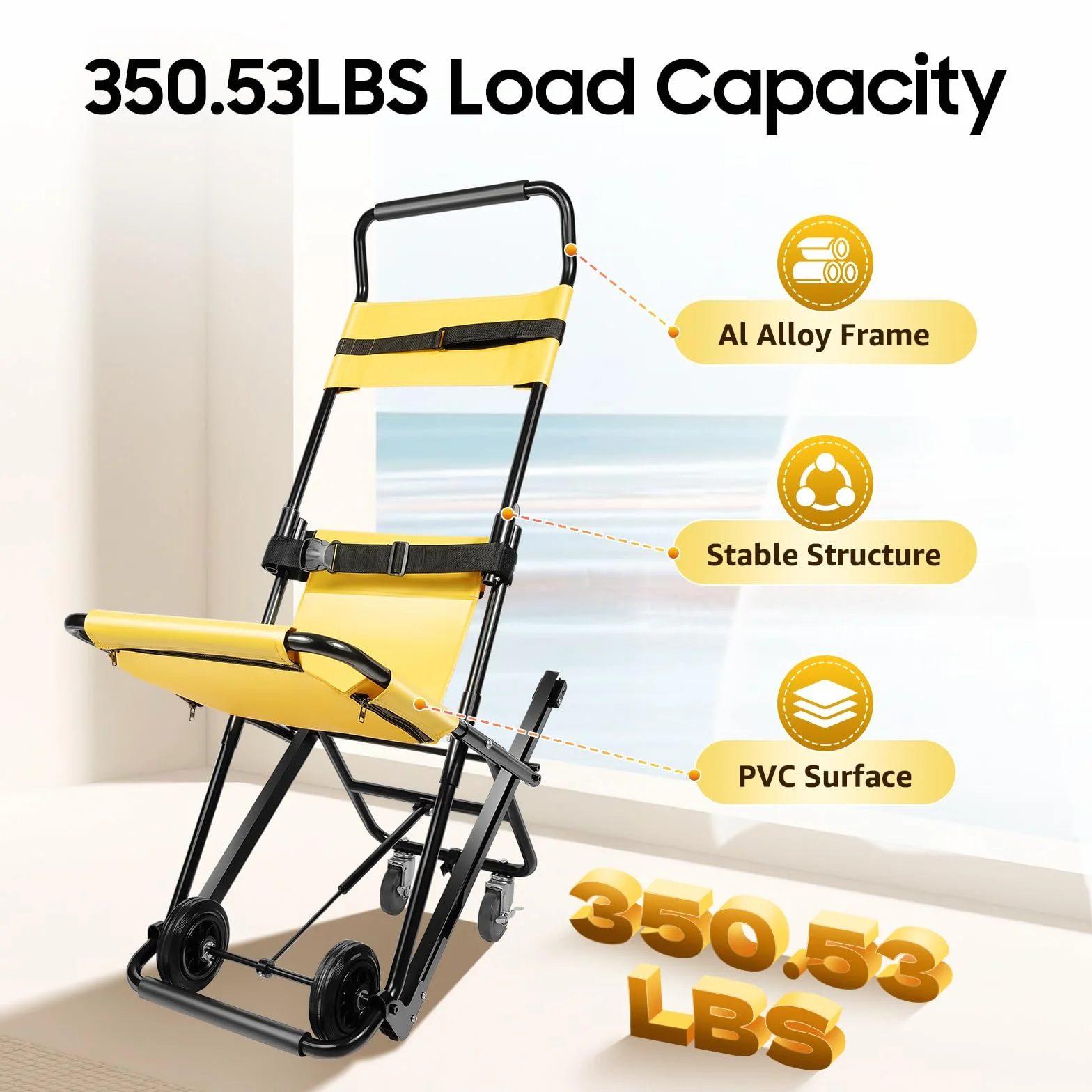 Monte-escalier | Chaise d'escalier pliable | Charge maximale 159 kg | 4 roues et ceintures de sécurité | Avec tissu en PVC et appui-tête réglable | Pour opérations de sauvetage et hôpitaux | Jaune