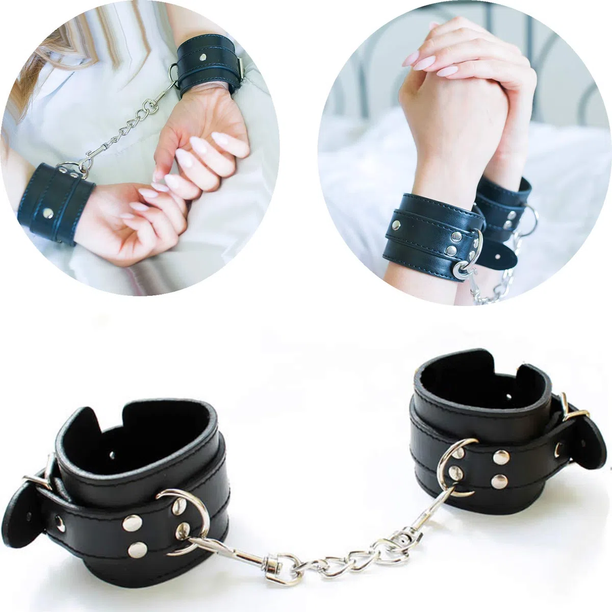 Menottes sex lit Longueur 29,5cm largeur 5,5cm en cuir artificiel noir Menotte femme sexy érotique pour jeux BDSM Menottes sexy érotique avec chaîne Menottes sex adulte menotte sexy érotique FOPS B01