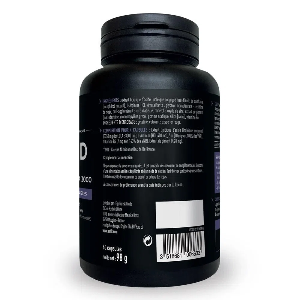 EAFIT - Ripped Max CLA 3000 - Bruleur de graisse puissant 3g CLA + Piment + Zinc +Vitamines B6 - Facilite la combustion des graisses lors des séances de sport - Pensé pour musculation - 60 Capsules