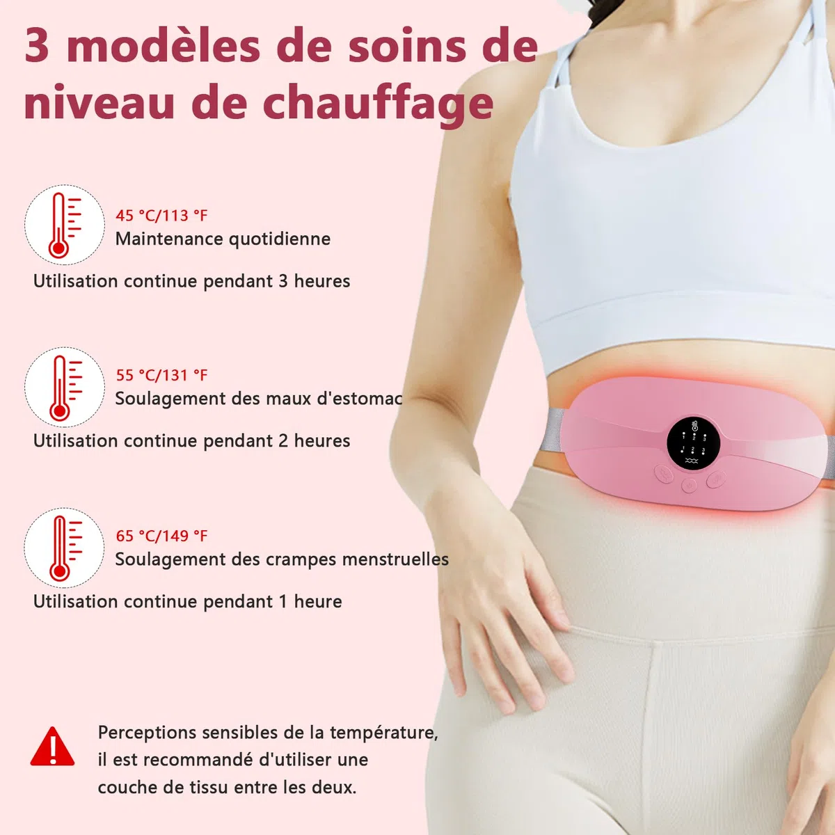 Ceinture Chauffante Regle Douloureuse Menstruelle, Coussin Chauffant Menstruel Portable 3 Niveaux Température 3 Modes de Massage Pour le Soulage Douleurs Menstruelles Lombair Dos Rose