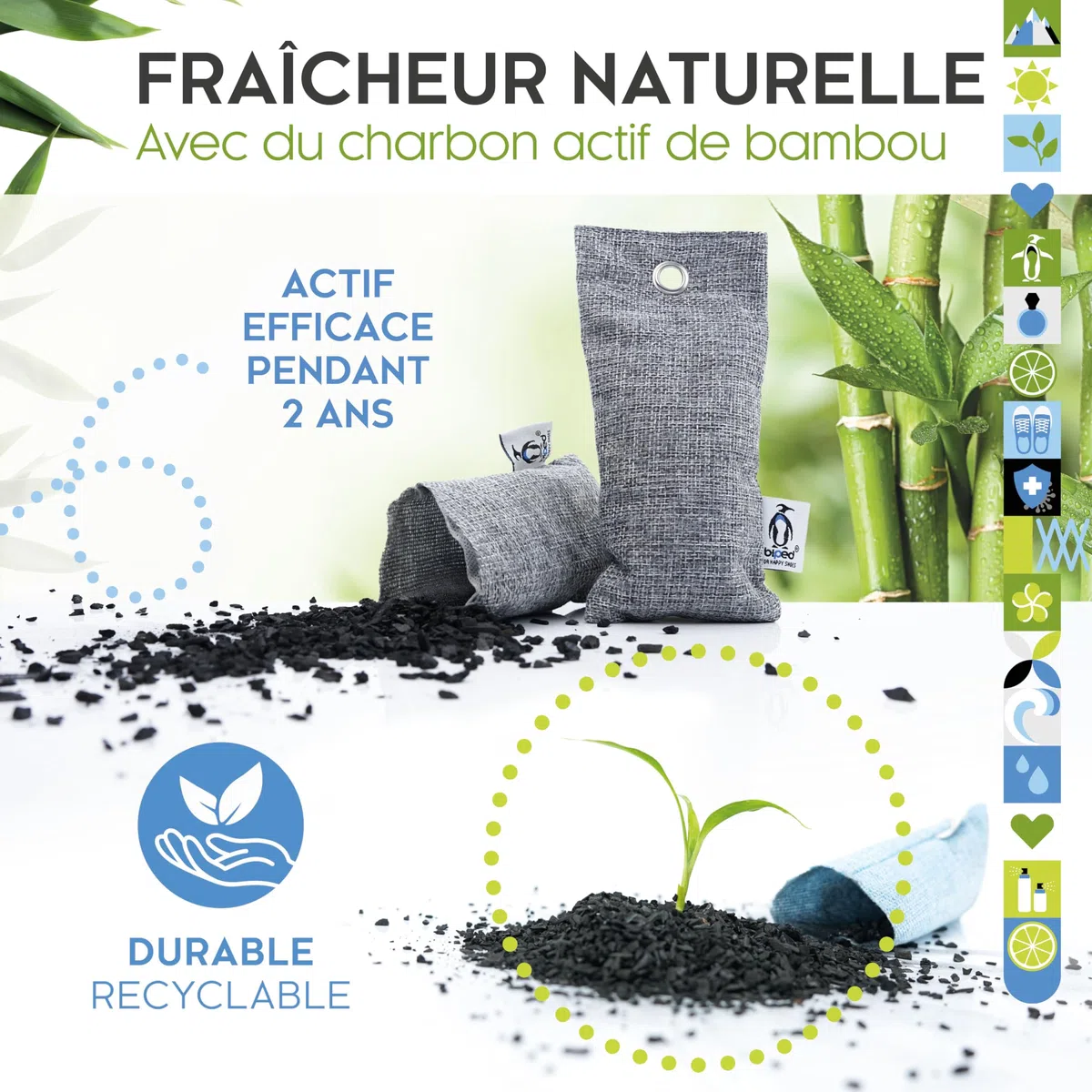 biped FRESH ! Cale-pieds avec charbon actif de bambou contre les odeurs de pieds - Sécheur de chaussures naturel - Désodorisant pour chaussures à l'odeur désagréable z2811(4 pièces, vert)