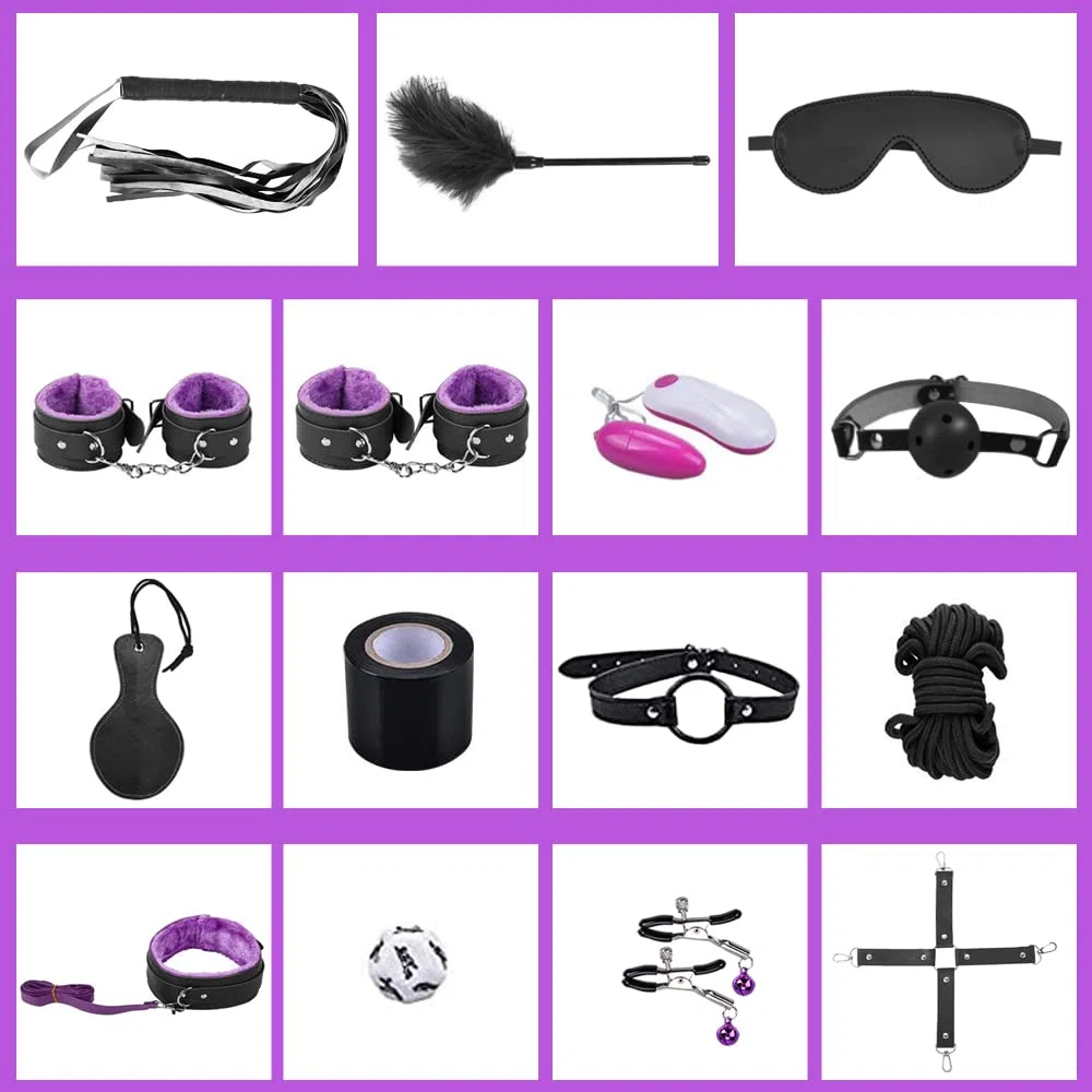 Qoosea Kits de Bondage 15 Pièces SM Set Adultes Toy Ensemble de Servitude BDSM Parfait pour Les Débutants, Ensemble de Jouets Sexuels Menottes Masque pour Les Yeux Laisse Pour Couple（Violet Noir）