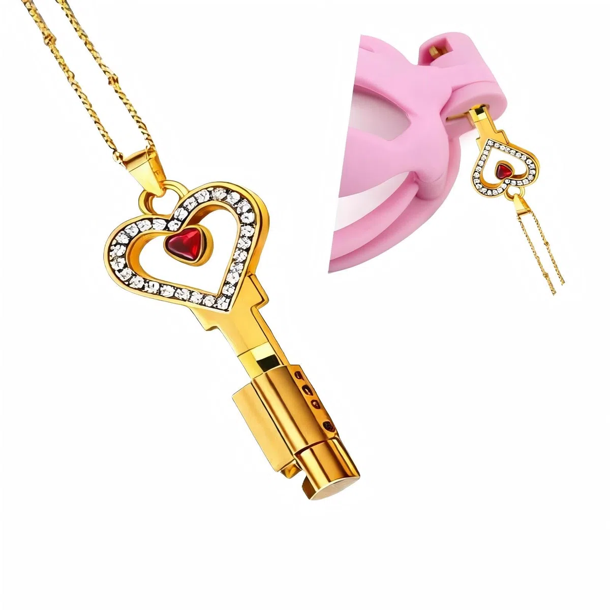 SeLgurFos Clé de Cage de Chasteté Dorée en Forme de Cœur avec Collier de 50 cm - Accessoire Étanche à Cadenas Métallique pour Hommes, Femmes et Couples - Compacte & Durable (V2)