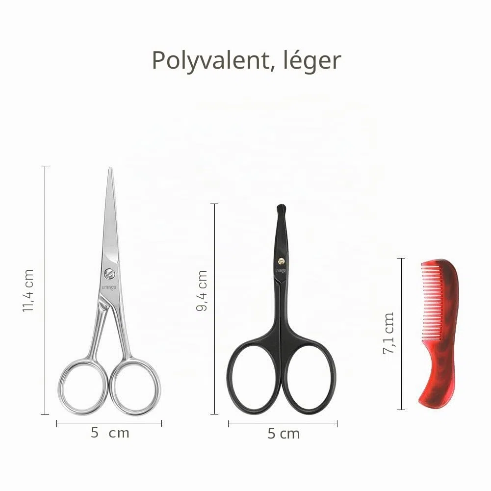 LIVINGO Ciseaux à barbe et moustache pour homme, 11,4 cm, professionnels, pointe arrondie en acier inoxydable, pointue, petite beauté avec mini peigne et étui en cuir