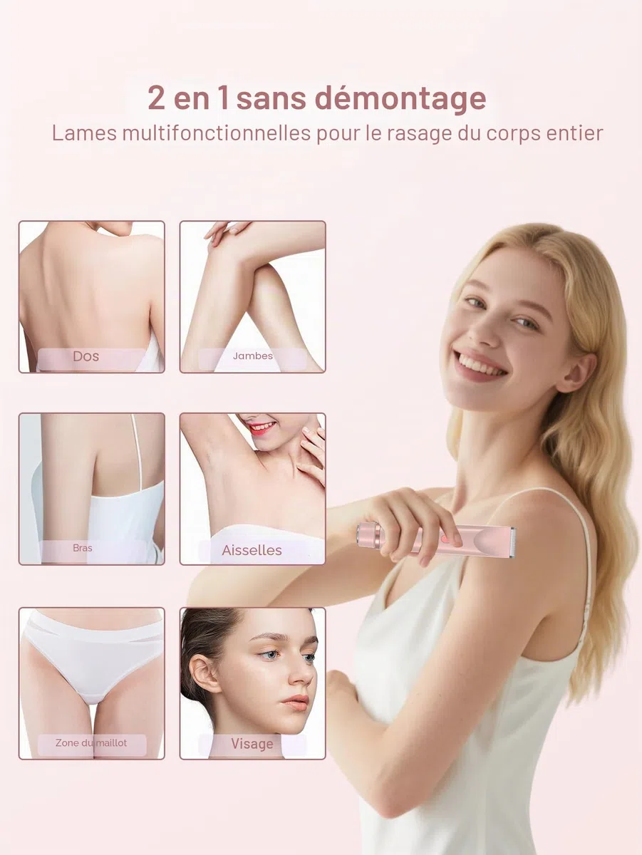 Tondeuse bikini 2 en 1 pour femme - Double tête - Rasoir électrique pour femme - Poils pubiens IPX7 - Étanche - Bikini - Bras aisselles - Jambe - Visage - Corps - Rose
