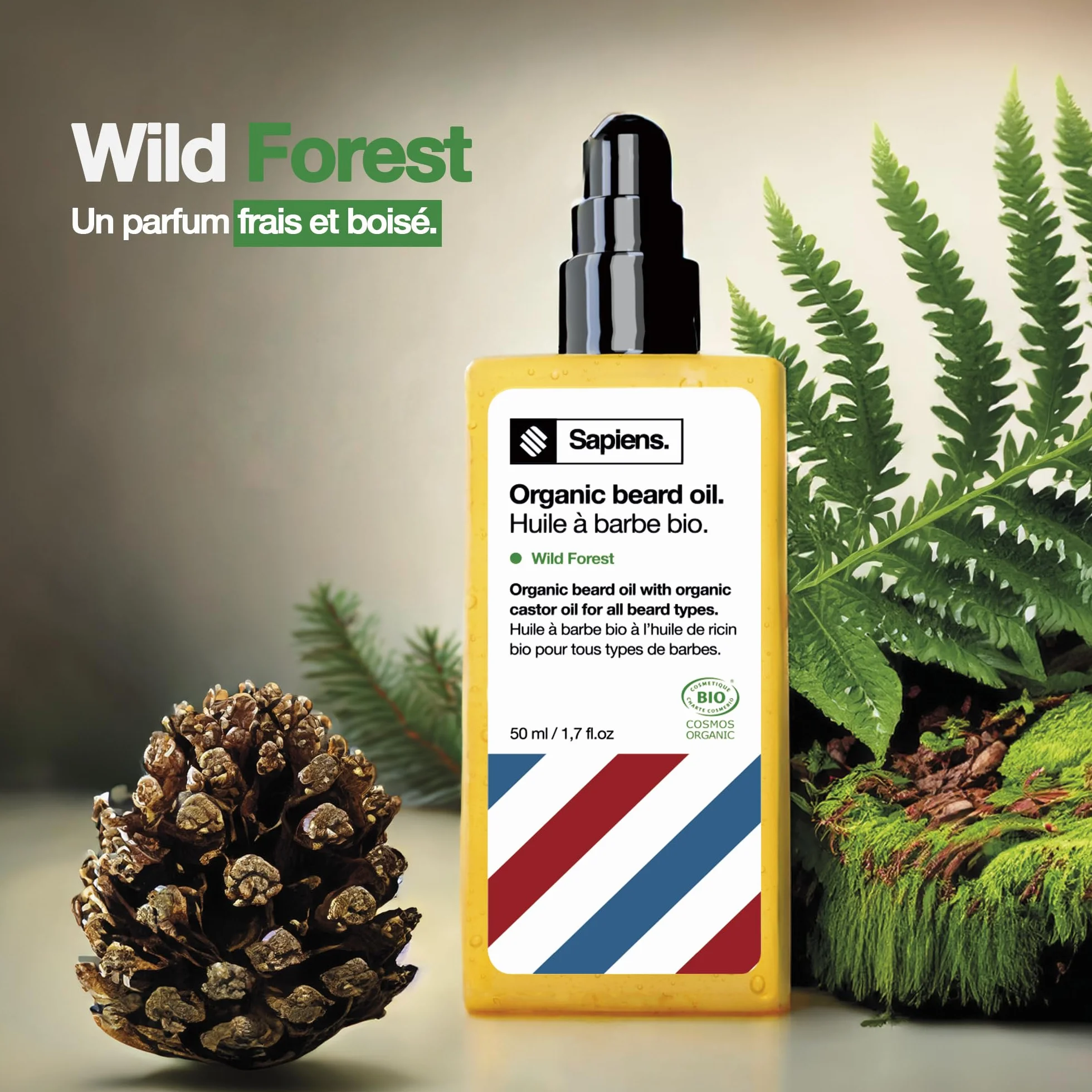 Sapiens Huile Barbe Homme 50 ml - Fabriquée en France et Certifiée Bio - Huile de Ricin Barbe - Adoucit la Barbe, Hydrate et Favorise la Pousse - Soin Barbe Homme