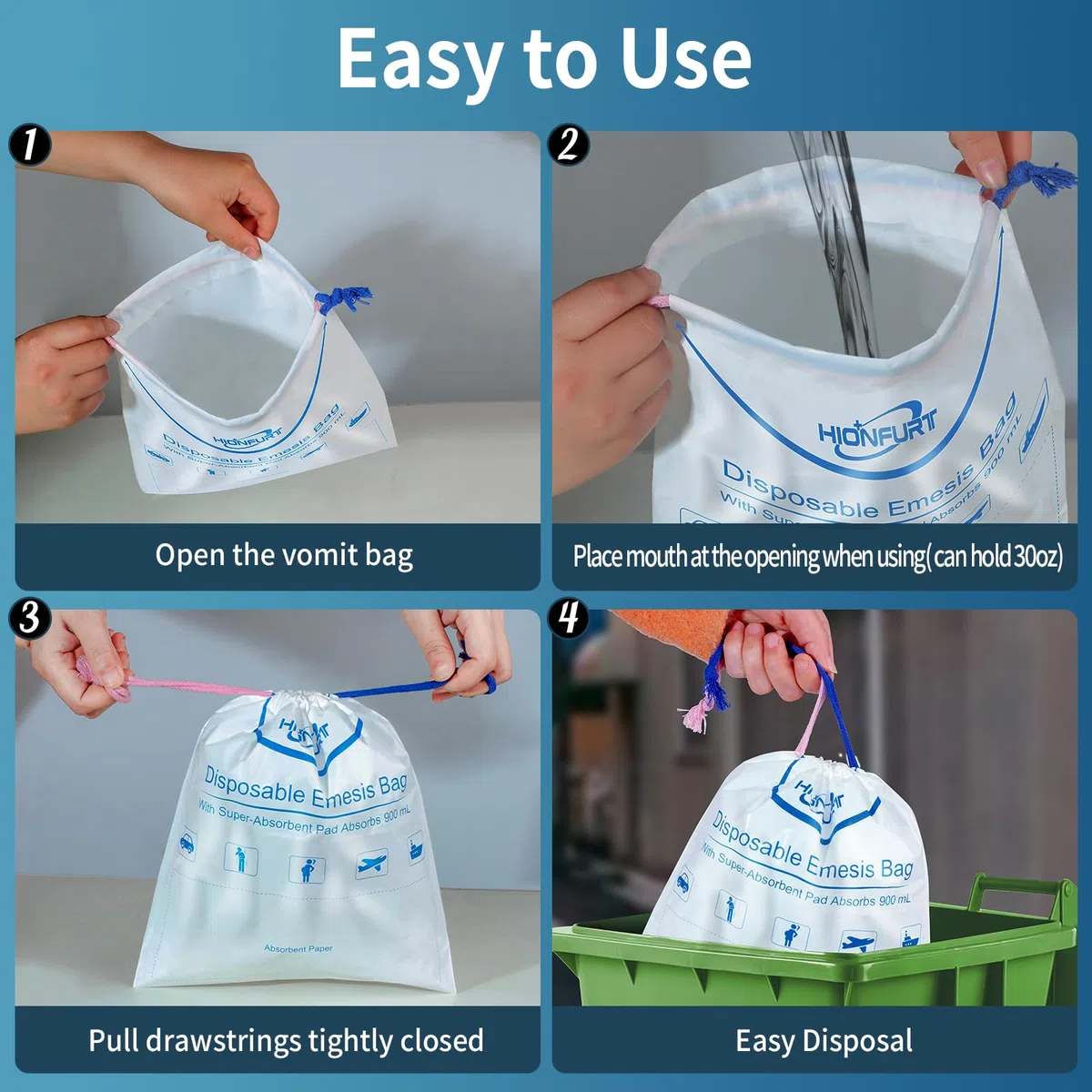 Hionfurt Sacs à Vomi Absorbants Zéro Odeur 26 Packs 900ml, Portables Transformant le Vomi en Gel Anti-Fuite, Anti-Nausées pour Femmes Enceintes, Enfants, Voiture & Mal de Transport