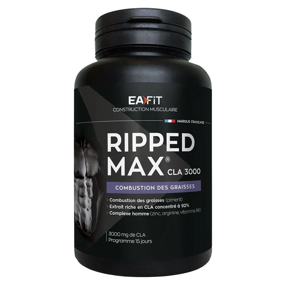 EAFIT - Ripped Max CLA 3000 - Bruleur de graisse puissant 3g CLA + Piment + Zinc +Vitamines B6 - Facilite la combustion des graisses lors des séances de sport - Pensé pour musculation - 60 Capsules