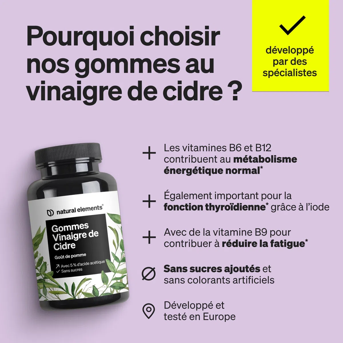Gummies Vinaigre de Cidre avec la Mère – 120 Gummies pour 2 Mois – Enrichi en Vitamine B6, B12, Acide Folique & Iode – Vinaigre de Cidre Goût de Pomme – Vegan, Hautement Dosé & Sans Sucre Ajouté