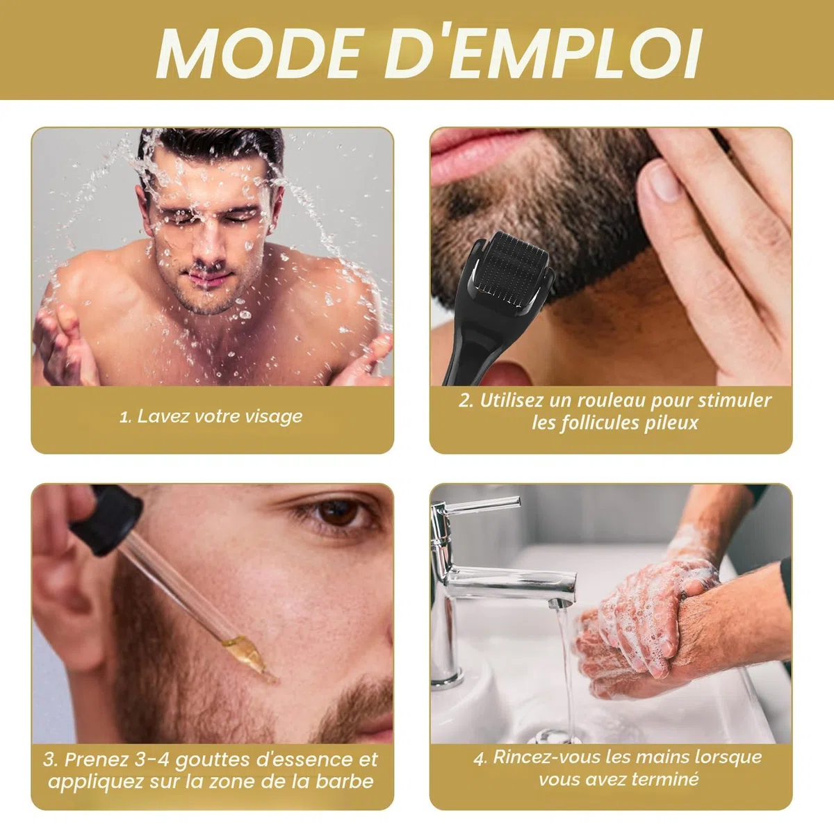 Kit Pousse Barbe,Kit de Croissance de la Barbe,Huile Pousse avec Rouleau,Cadeau Homme (60 ml)
