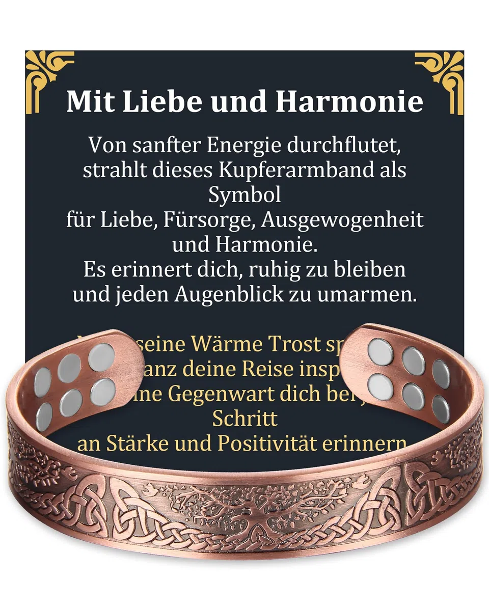 MagEnergy Bracelet en cuivre pour homme, bracelet magnétique avec 18 aimants, cuivre massif 99,99% pur, bracelet ajustable pour homme, idée cadeau (L'arbre de la vie), Eine Grösse, Cuivre