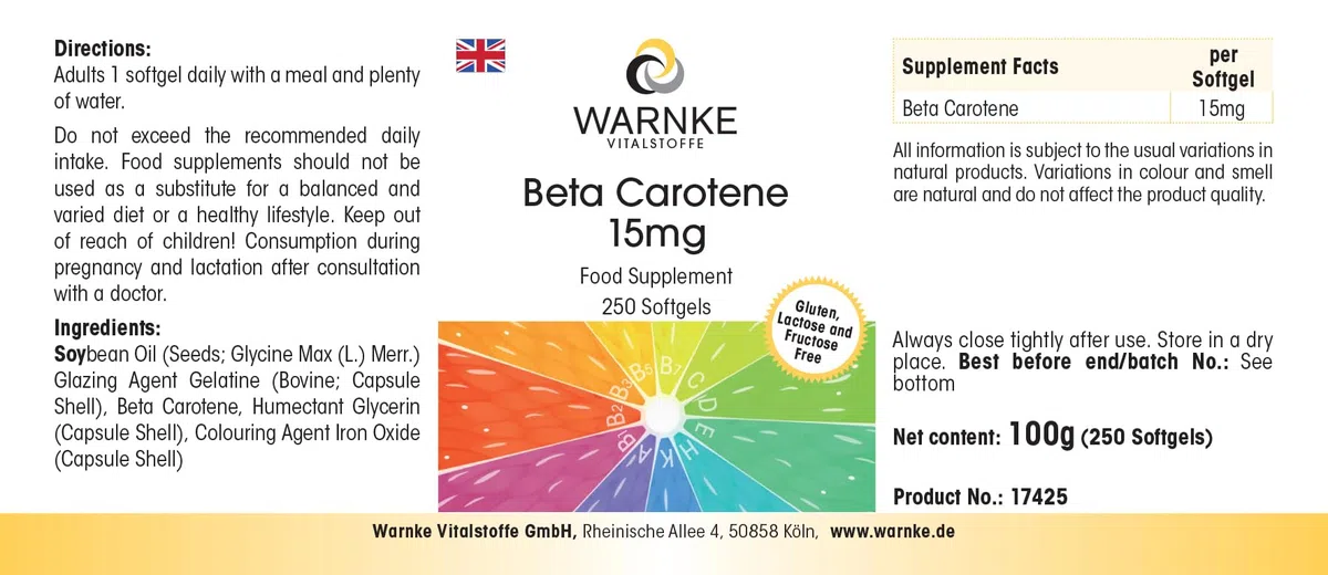 Bêta-carotène 15mg - 250 gélules - 15mg par gélule (correspond à 25 000 UI) - Provitamine A - HAUTEMENT DOSÉ - Qualité pharmaceutique allemande | Warnke Vitalstoffe