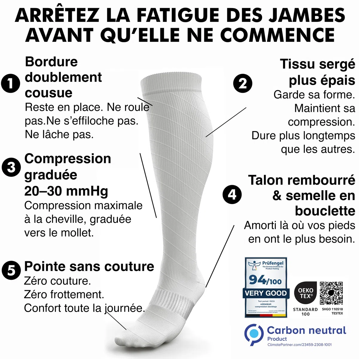 aZengear Chaussette de Compression Femme et Homme (20-30mmHg Classe 2) Bas de Contention Mollet Medical Sport Running de Vol Circulation, Jambes Enflées les Varices, Voyage en Avion